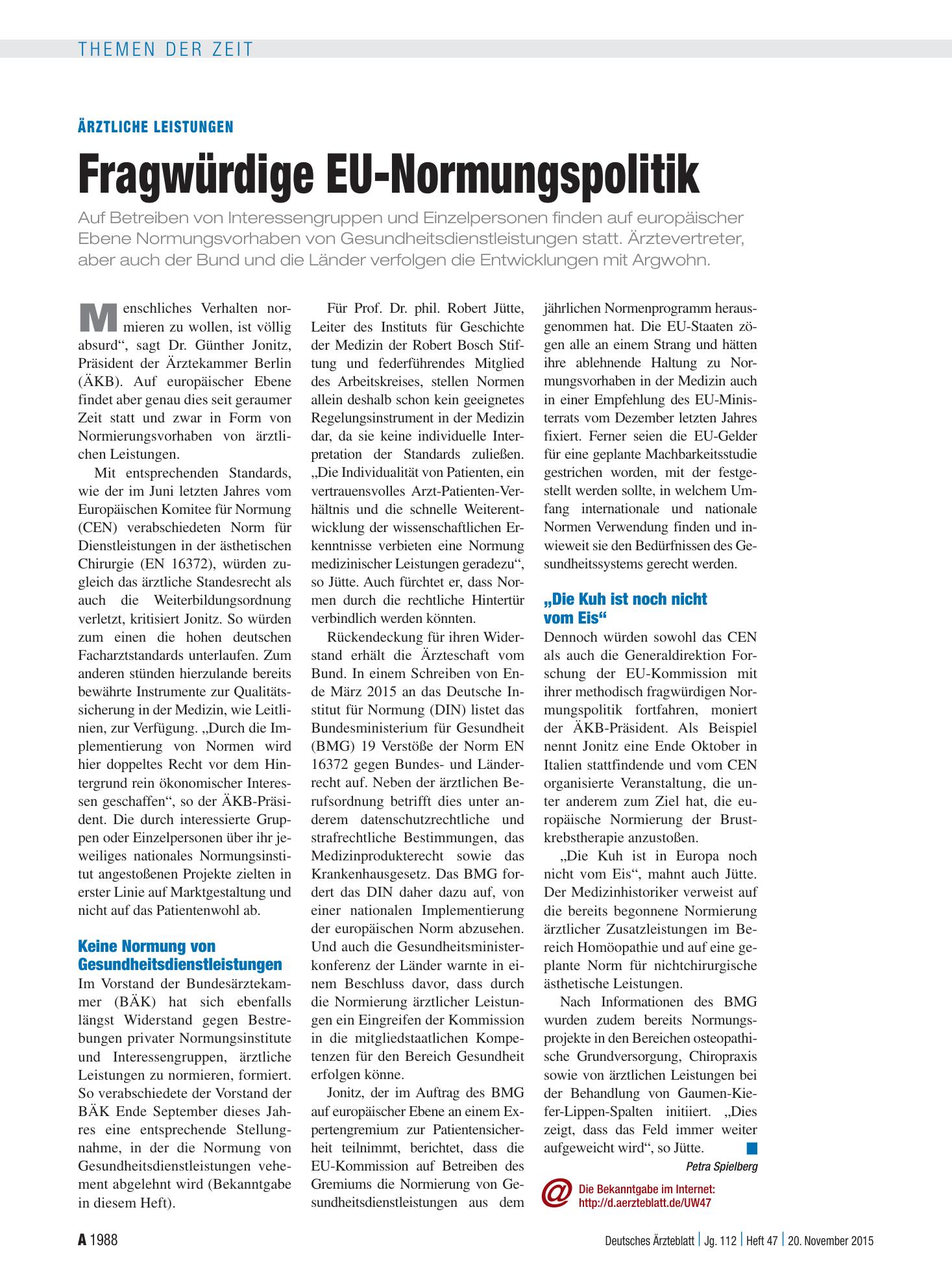 Vorschauseite 1: Ärztliche Leistungen: Fragwürdige EU-Normungspolitik – Deutsches Ärzteblatt