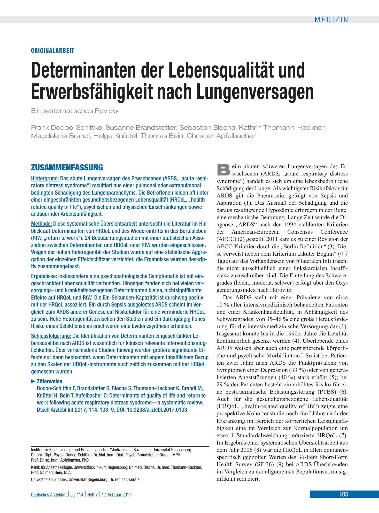 Vorschauseite 1: Determinanten der Lebensqualität und Erwerbsfähigkeit nach Lungenversagen – Deutsches Ärzteblatt