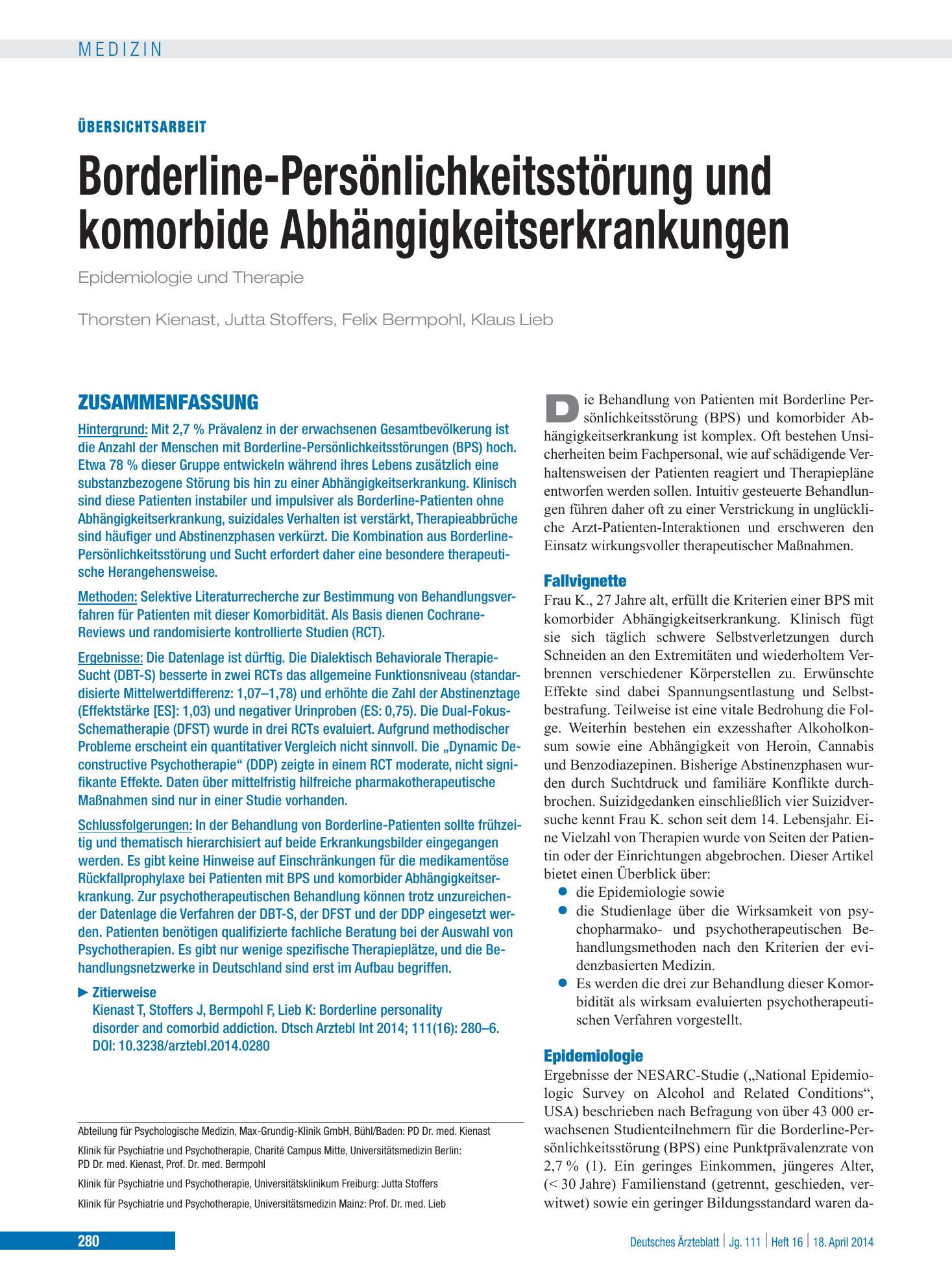 Vorschauseite 1: Borderline-Persönlichkeitsstörung und komorbide Abhängigkeitserkrankungen – Deutsches Ärzteblatt