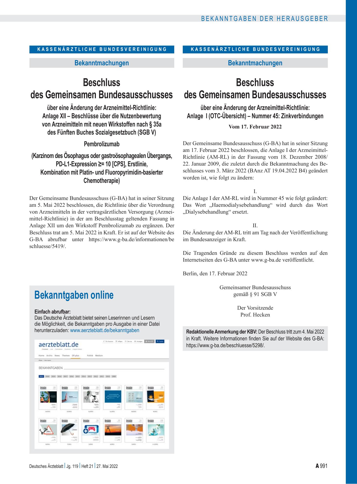 Vorschauseite 1: Beschluss des Gemeinsamen Bundesausschusses über eine Änderung der Arzneimittel-Richtlinie: Anlage I (OTC-Übersicht) – Nummer 45: Zinkverbindungen – Deutsches Ärzteblatt