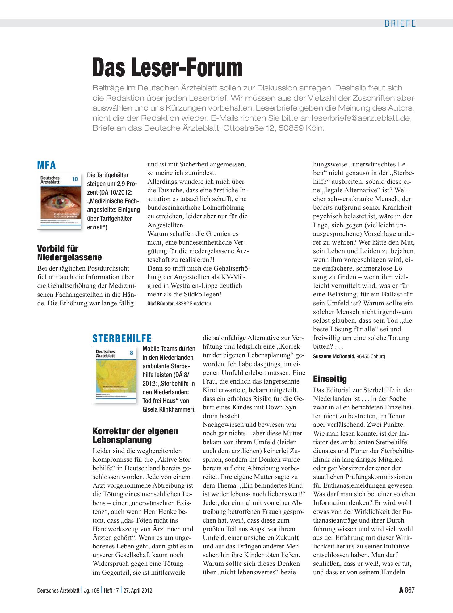 Vorschauseite 1: Sterbehilfe: Einseitig – Deutsches Ärzteblatt