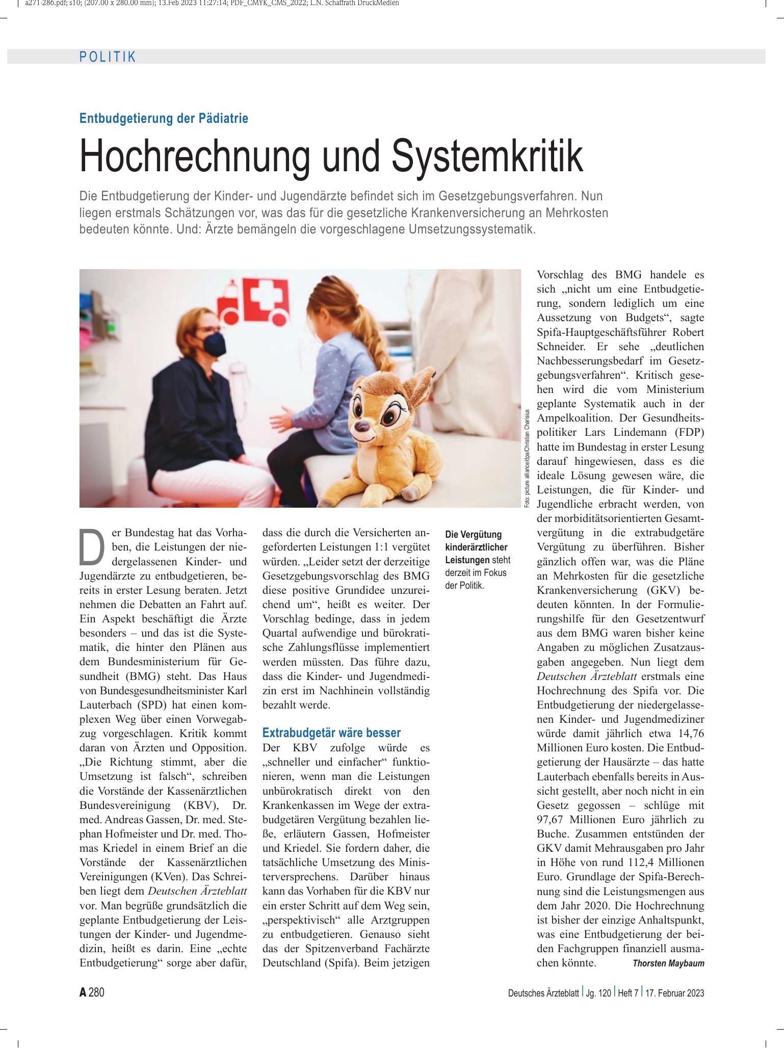 Vorschauseite 1: Entbudgetierung der Pädiatrie: Hochrechnung und Systemkritik – Deutsches Ärzteblatt