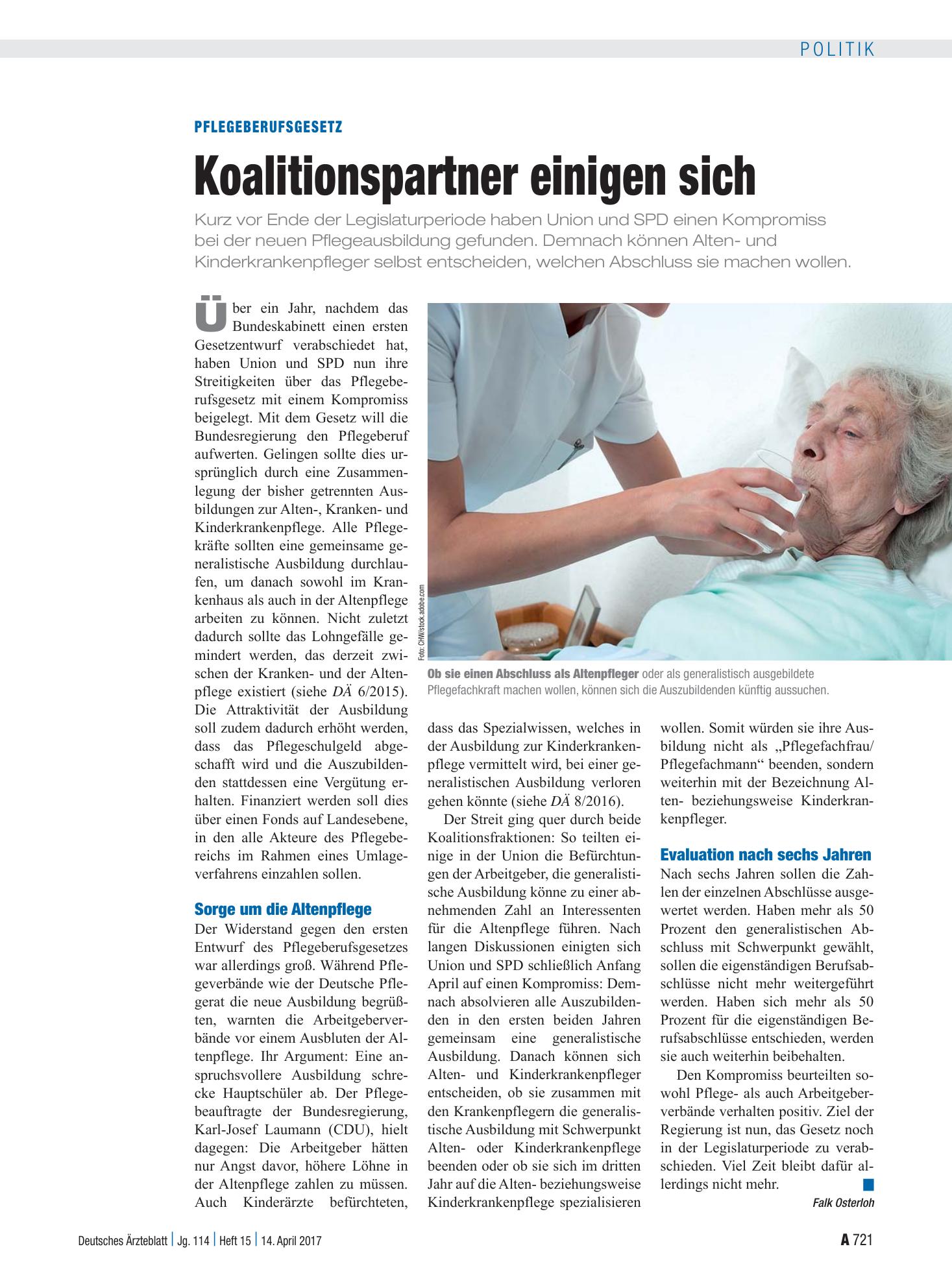 Vorschauseite 1: Pflegeberufsgesetz: Koalitionspartner einigen sich – Deutsches Ärzteblatt