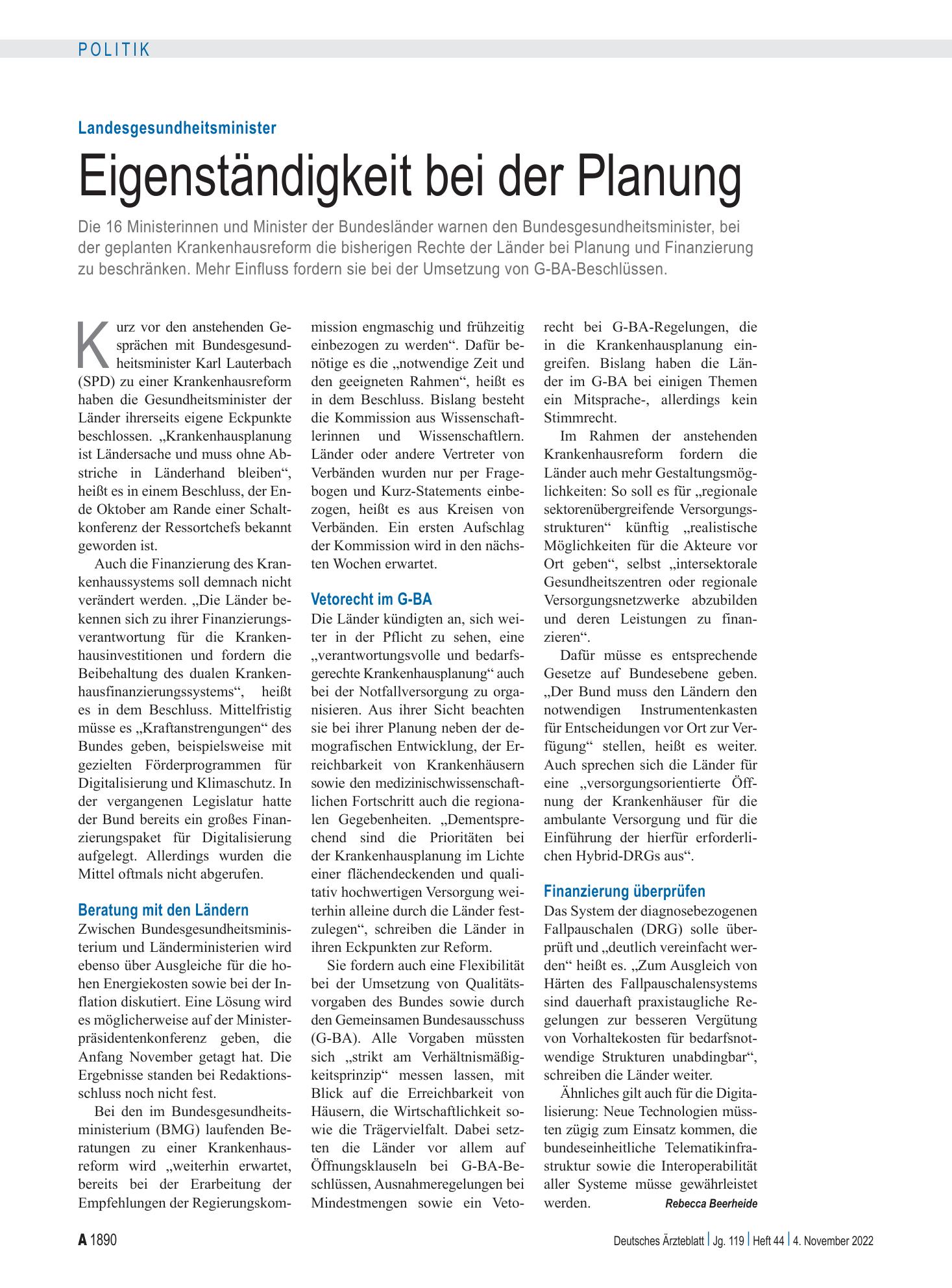 Vorschauseite 1: Landesgesundheitsminister: Eigenständigkeit bei der Planung – Deutsches Ärzteblatt