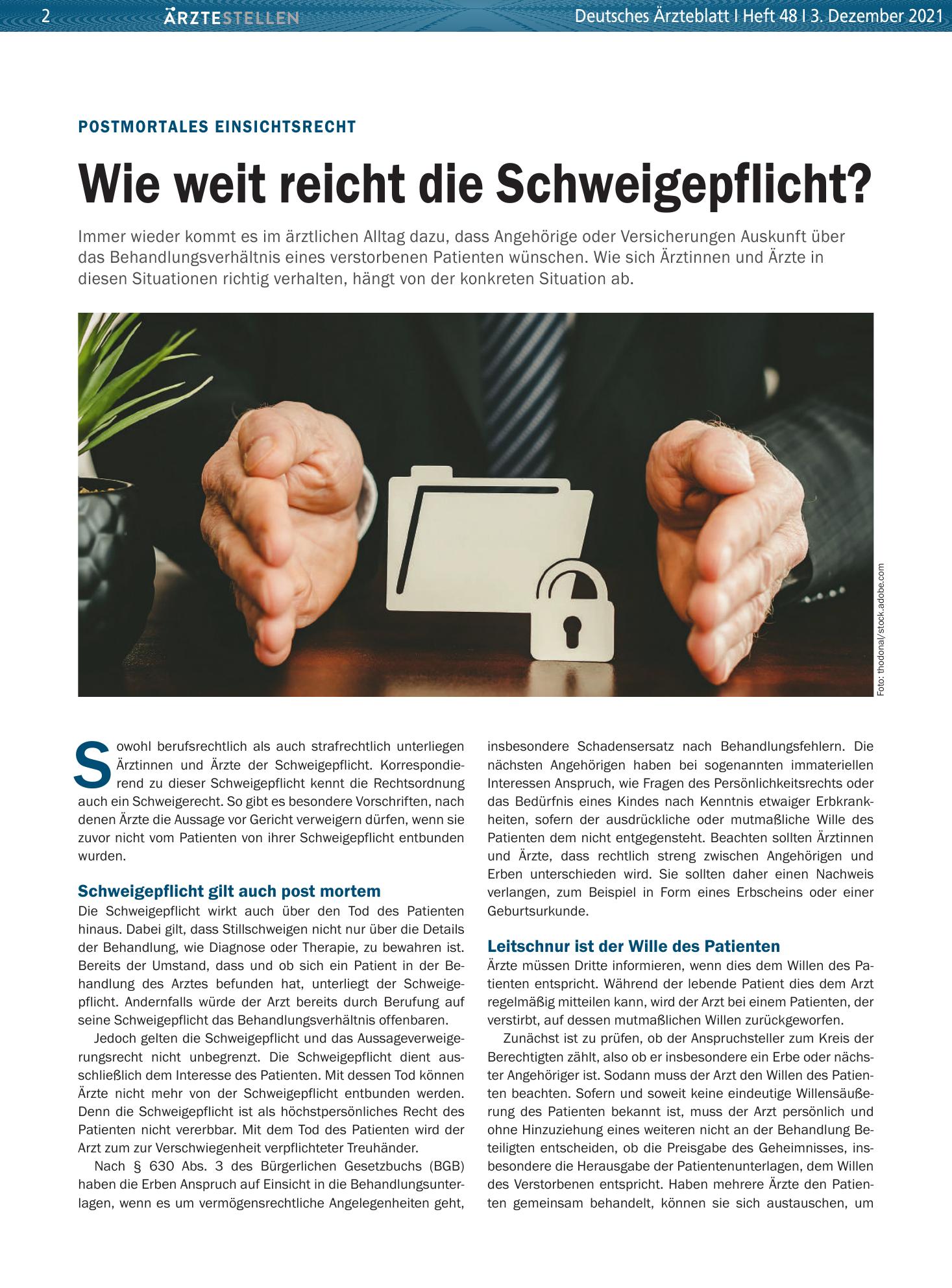 Vorschauseite 1: Postmortales Einsichtsrecht: Wie weit reicht die Schweigepflicht? – Deutsches Ärzteblatt