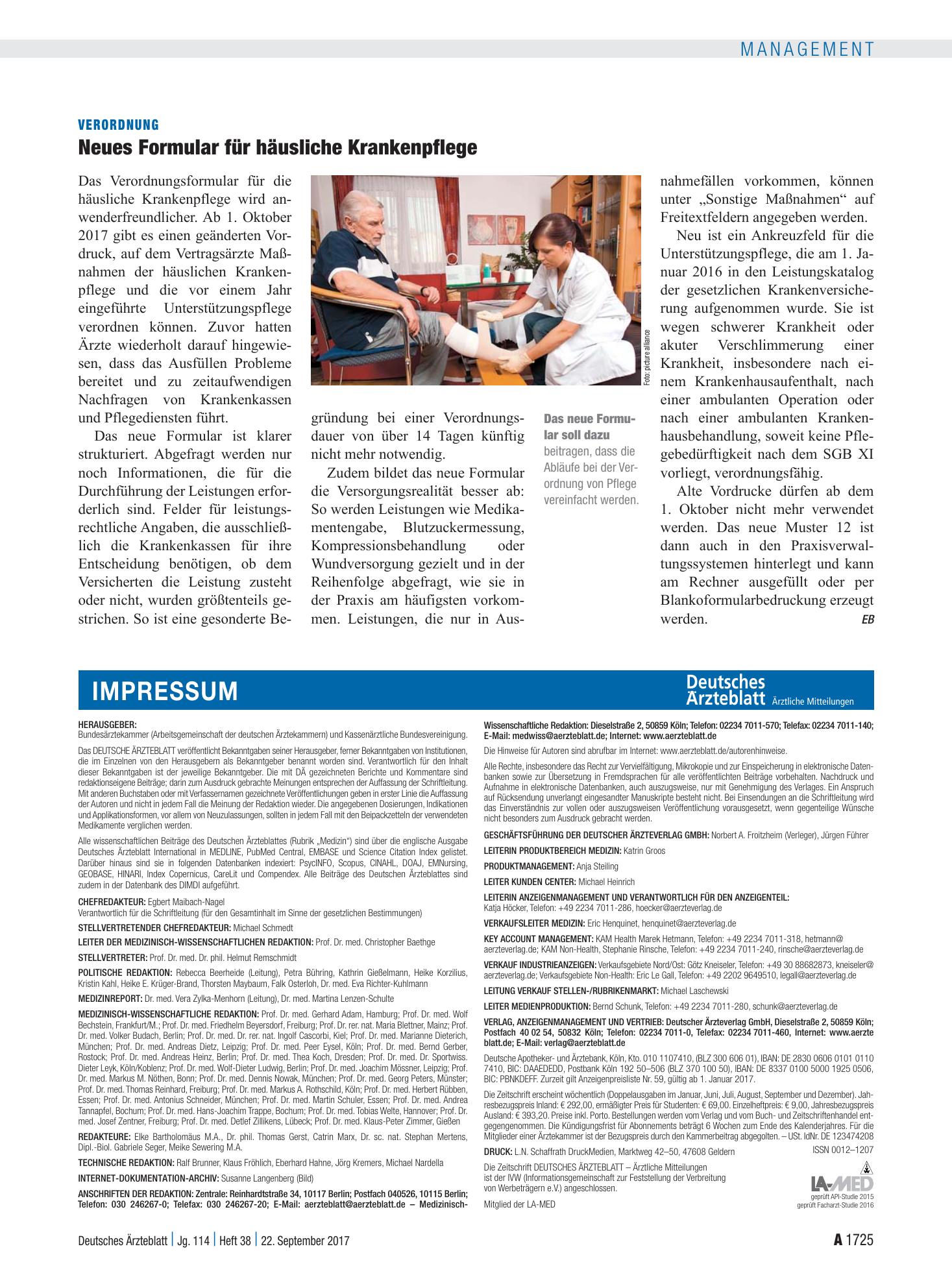 Vorschauseite 1: Verordnung: Neues Formular für häusliche Krankenpflege – Deutsches Ärzteblatt