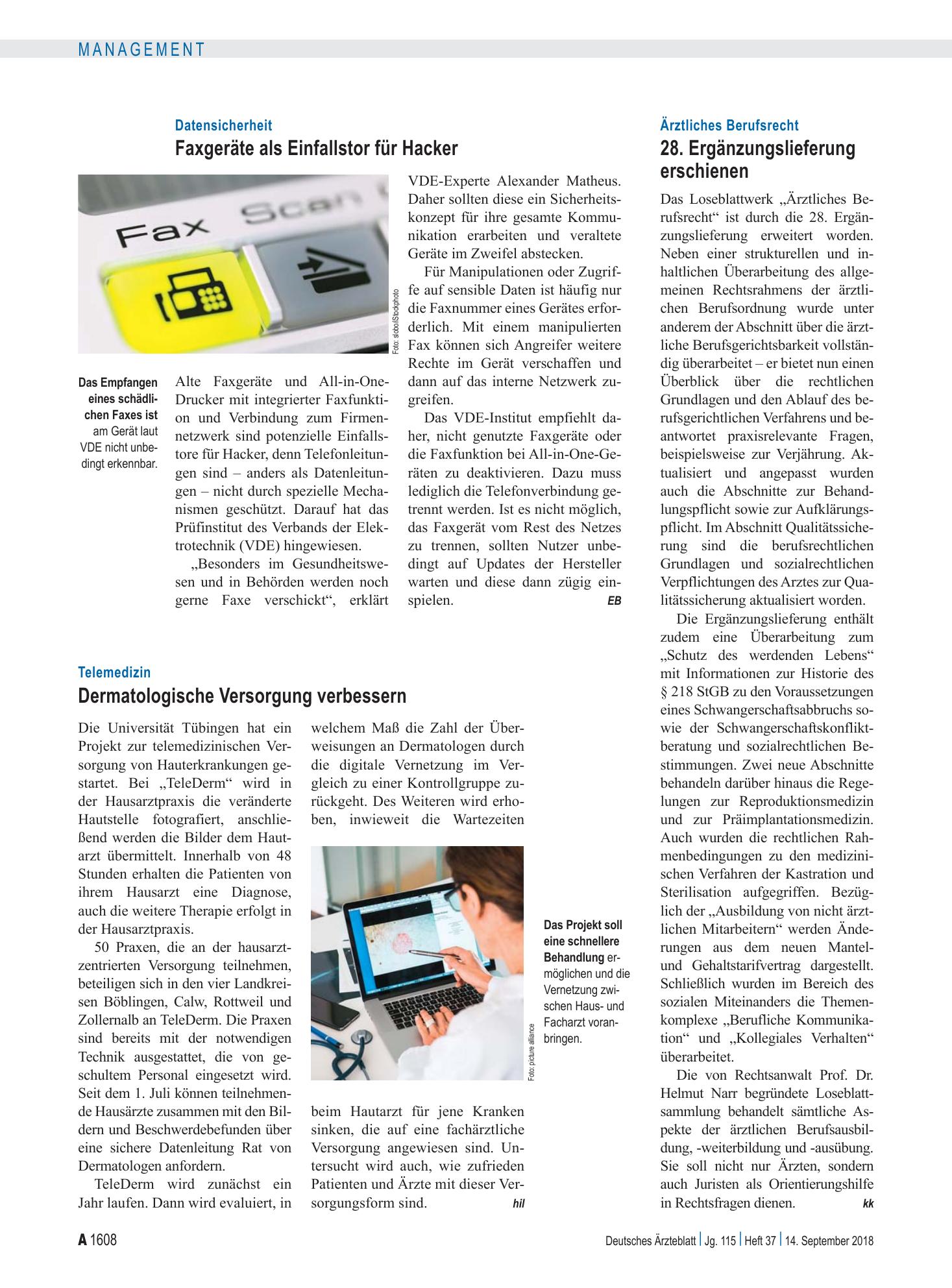 Vorschauseite 1: Datensicherheit: Faxgeräte als Einfallstor für Hacker – Deutsches Ärzteblatt