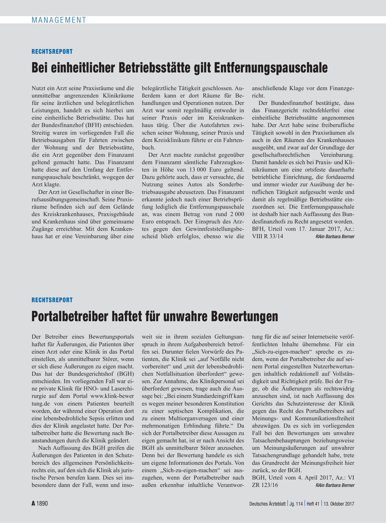 Vorschauseite 1: Rechtsreport: Bei einheitlicher Betriebsstätte gilt Entfernungspauschale – Deutsches Ärzteblatt