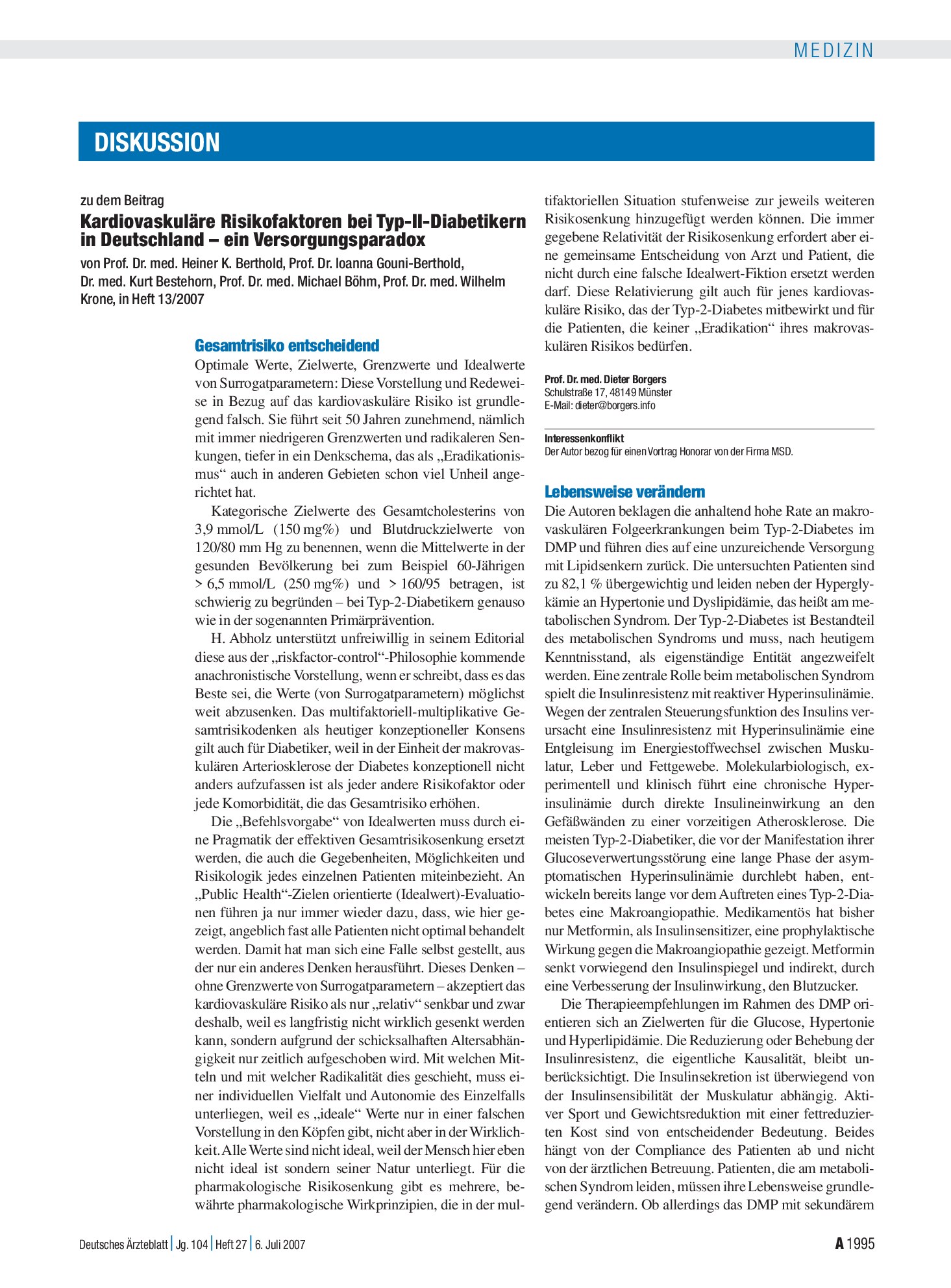 Vorschauseite 1: Kardiovaskuläre Risikofaktoren bei Typ-II-Diabetikern in Deutschland – ein Versorgungsparadox: Lebensweise verändern – Deutsches Ärzteblatt
