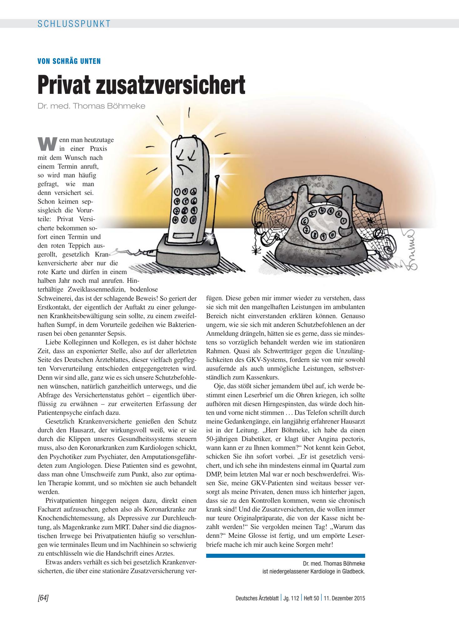Vorschauseite 1: Von schräg unten: Privat zusatzversichert – Deutsches Ärzteblatt
