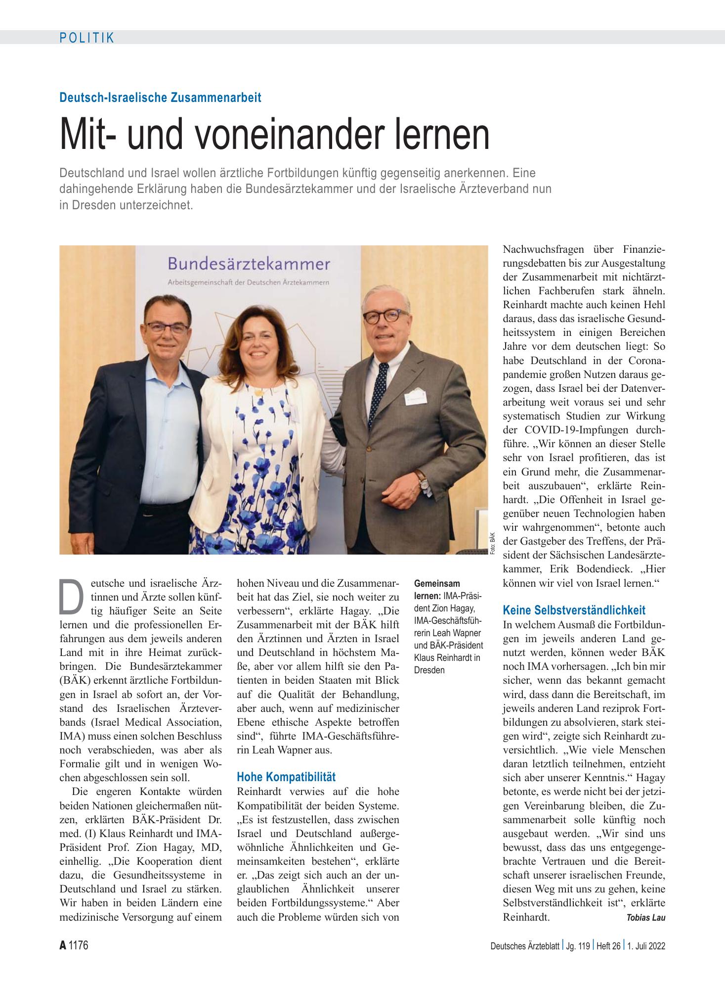 Vorschauseite 1: Deutsch-Israelische Zusammenarbeit: Mit- und voneinander lernen – Deutsches Ärzteblatt