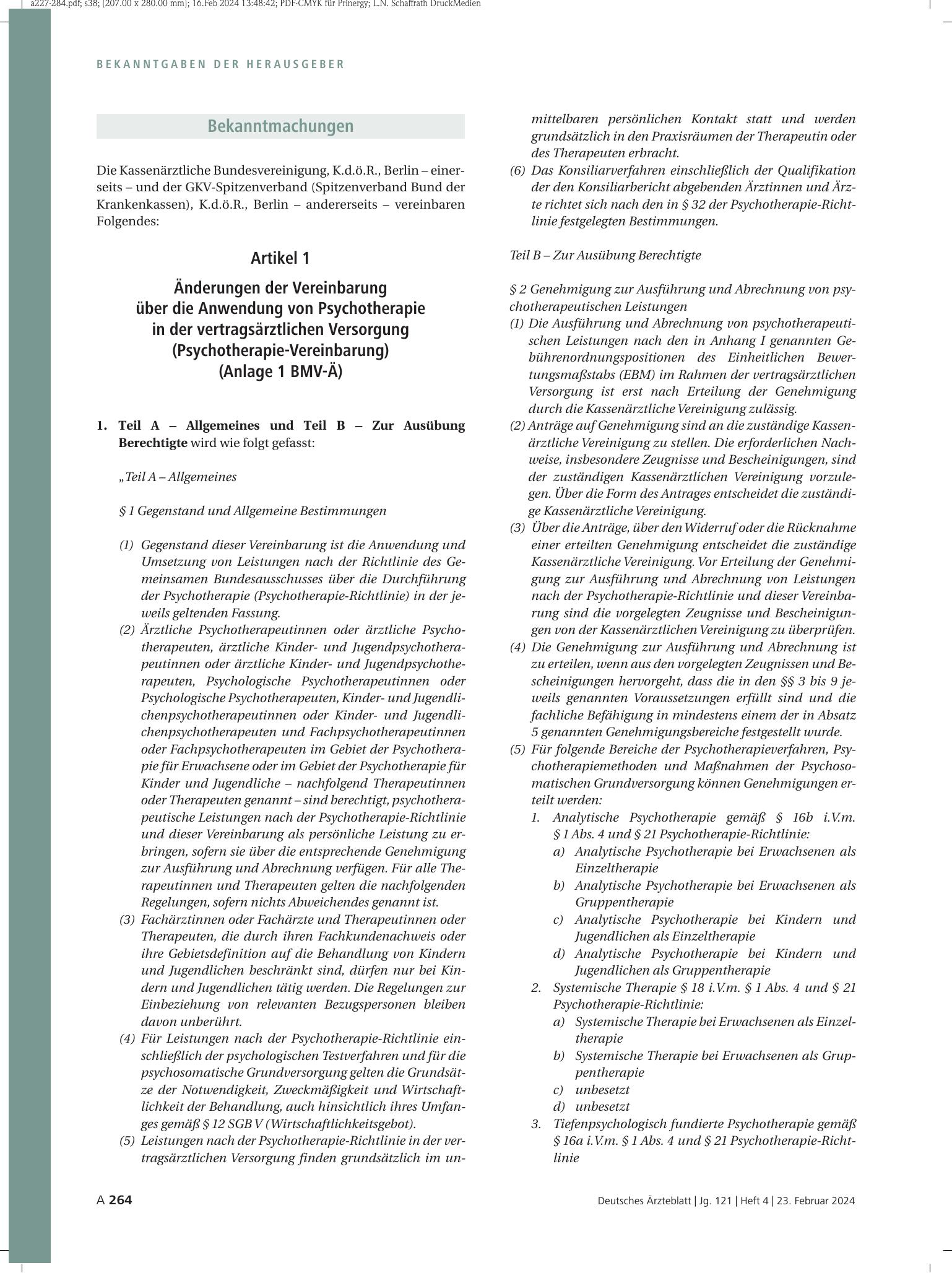 Vorschauseite 1: Änderungen der Vereinbarung über die Anwendung von Psychotherapie in der vertragsärztlichen Versorgung (Psychotherapie-Vereinbarung) (Anlage 1 BMV-Ä) – Deutsches Ärzteblatt