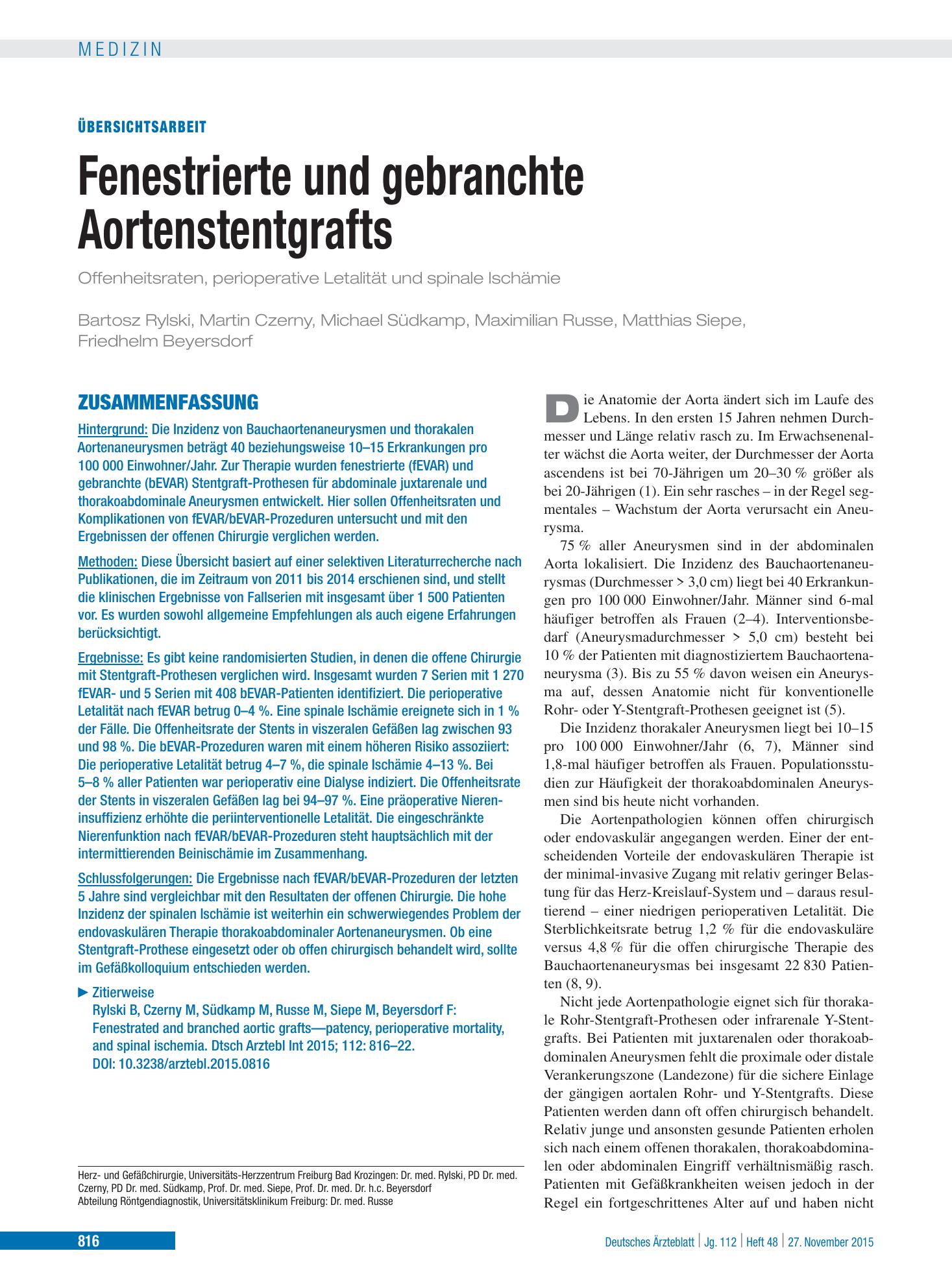 Vorschauseite 1: Fenestrierte und gebranchte Aortenstentgrafts – Deutsches Ärzteblatt