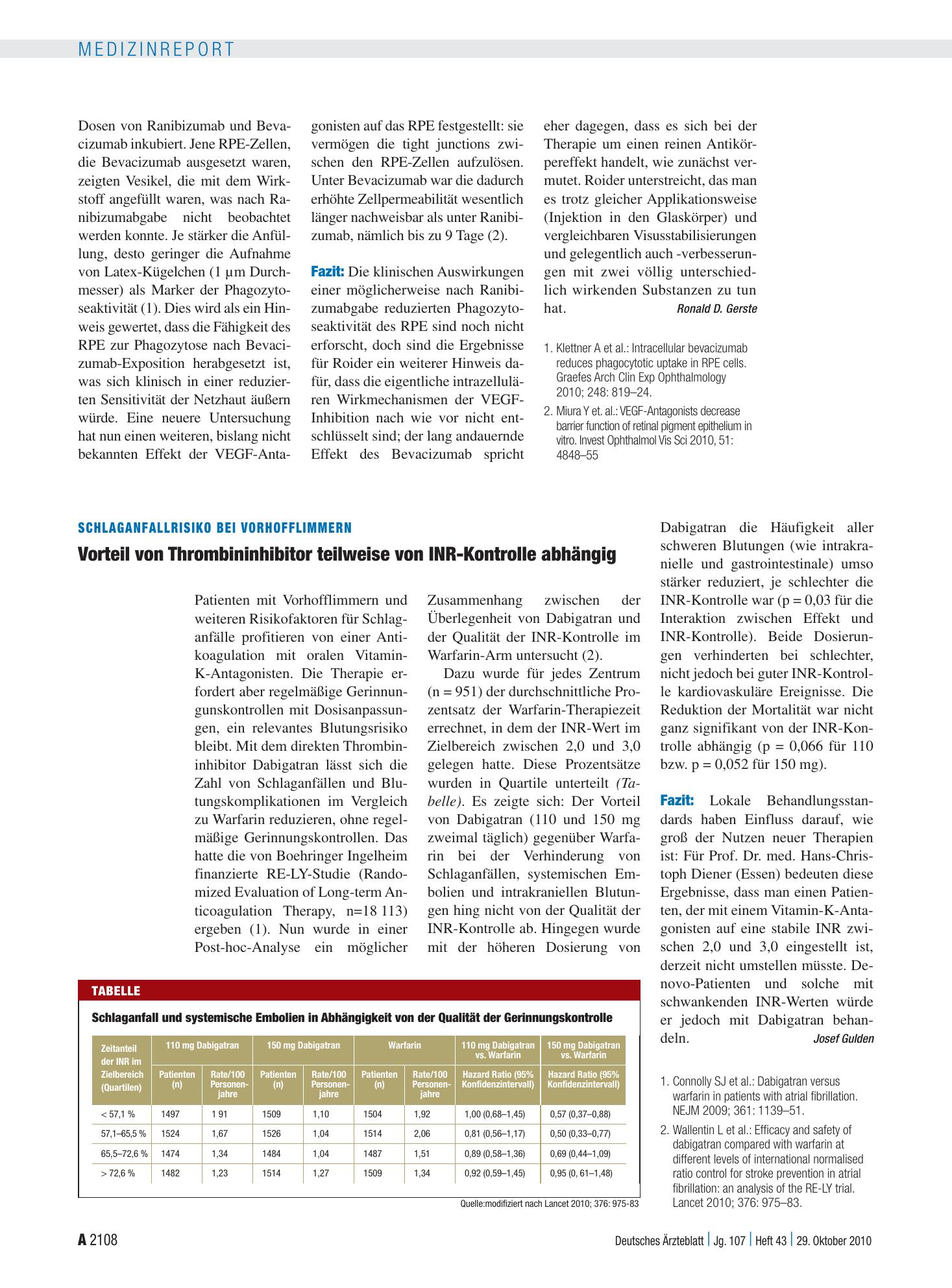 Vorschauseite 1: Schlaganfallrisiko bei Vorhofflimmern: Vorteil von Thrombininhibitor teilweise von INR-Kontrolle abhängig – Deutsches Ärzteblatt
