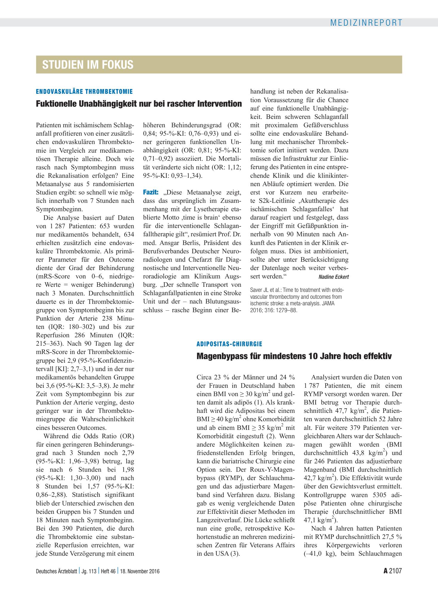 Vorschauseite 1: Adipositas-Chirurgie: Magenbypass für mindestens 10 Jahre hoch effektiv – Deutsches Ärzteblatt