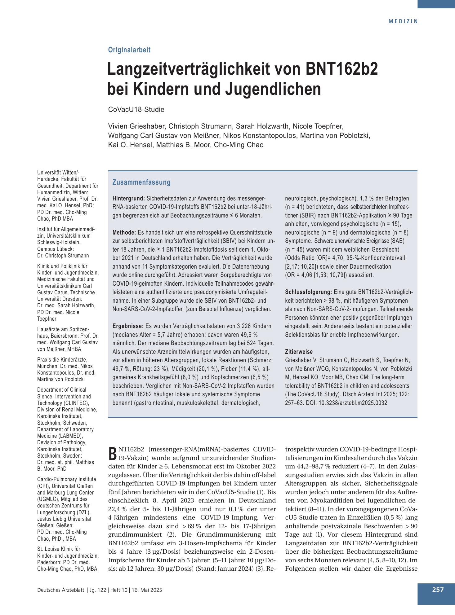 Vorschauseite 1: Langzeitverträglichkeit von BNT162b2 bei Kindern und Jugendlichen – Deutsches Ärzteblatt