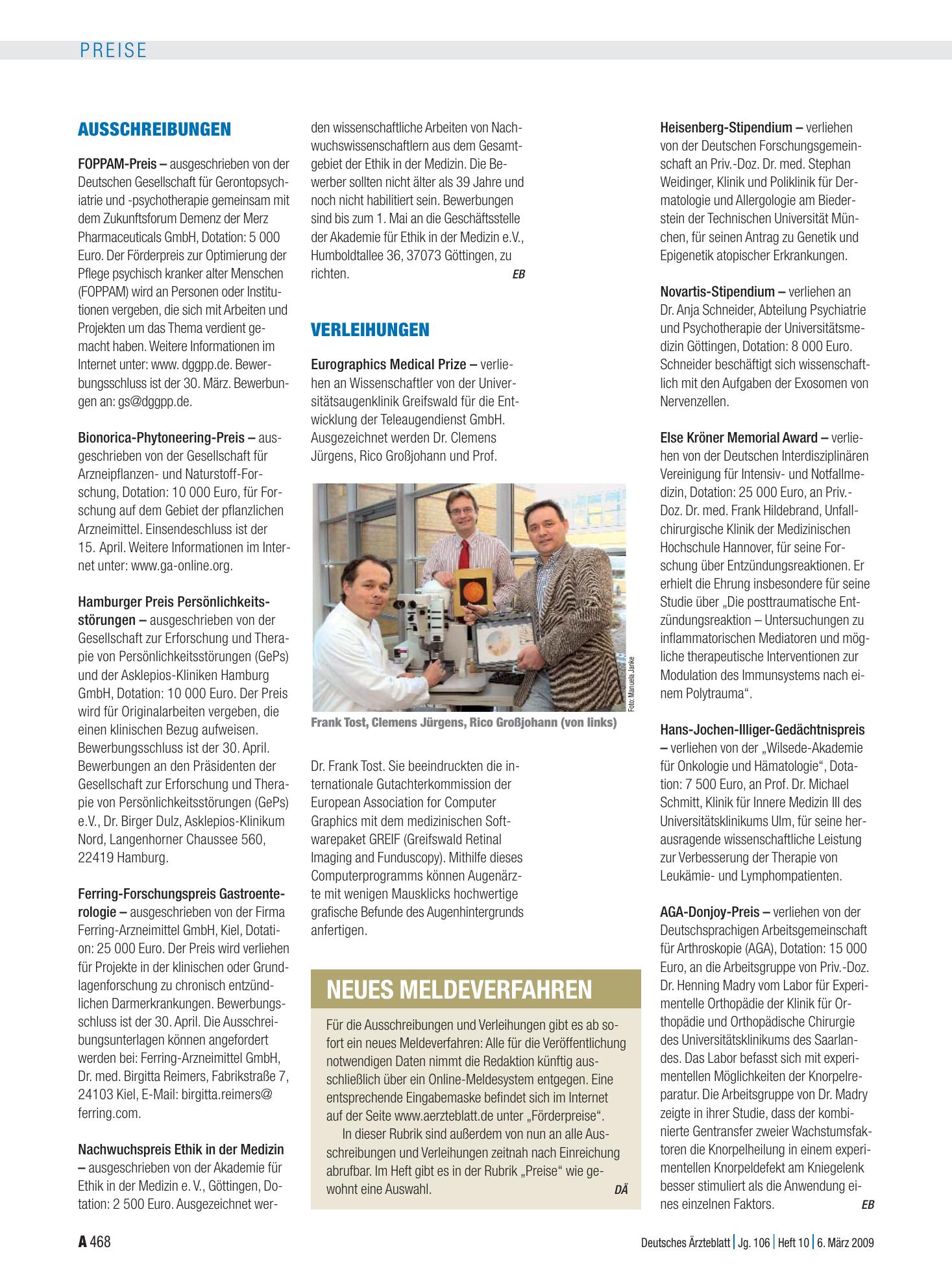 Vorschauseite 1: Verleihungen – Deutsches Ärzteblatt