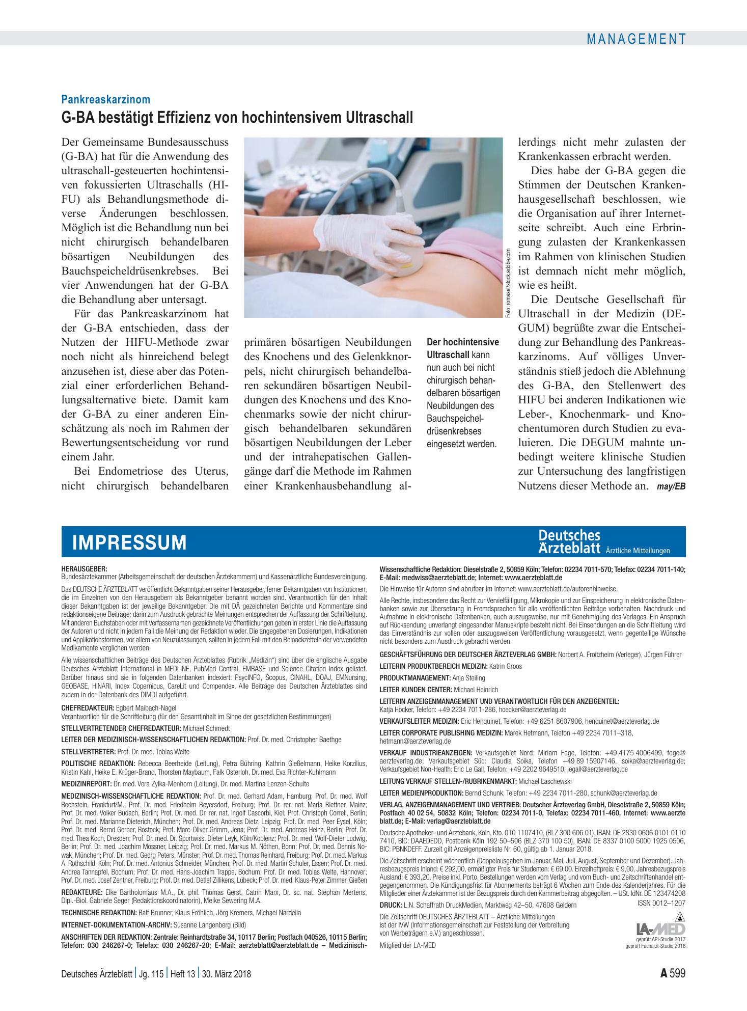 Vorschauseite 1: Pankreaskarzinom: G-BA bestätigt Effizienz von hochintensivem Ultraschall – Deutsches Ärzteblatt