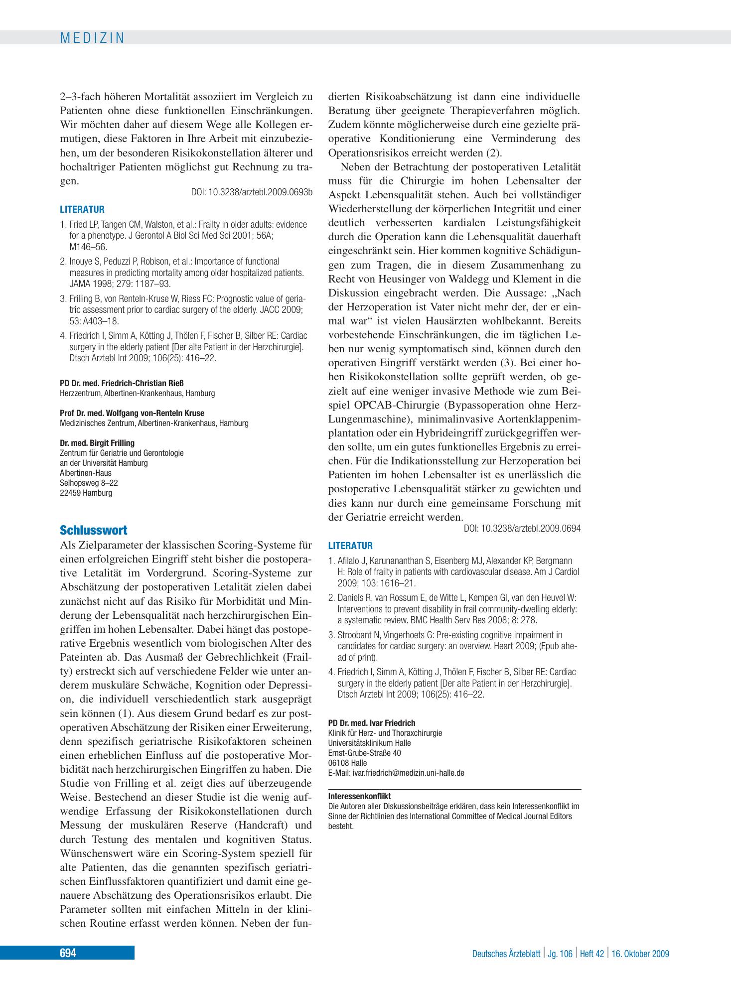 Vorschauseite 1: Der alte Patient in der Herzchirurgie: Schlusswort – Deutsches Ärzteblatt