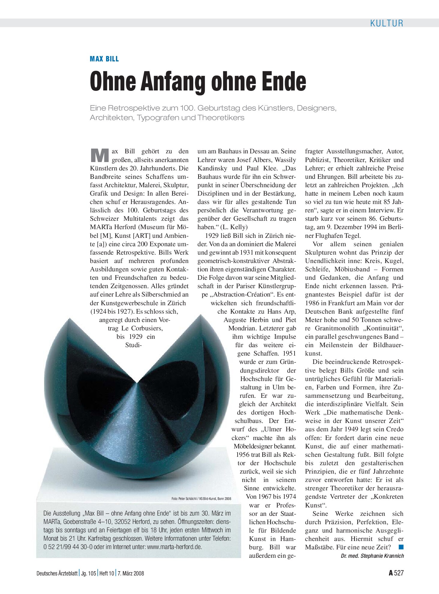 Vorschauseite 1: Max Bill: Ohne Anfang ohne Ende – Deutsches Ärzteblatt
