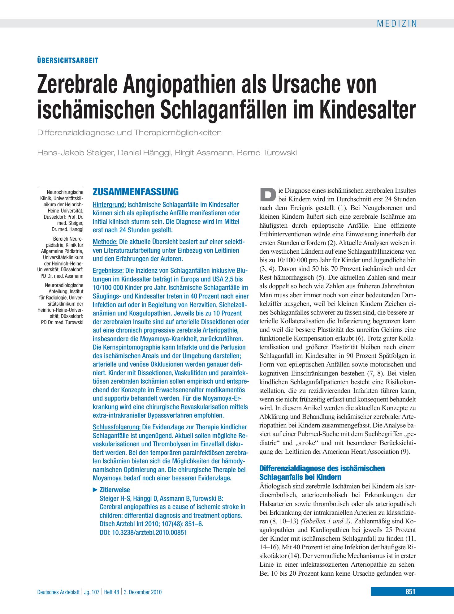 Vorschauseite 1: Zerebrale Angiopathien als Ursache von ischämischen Schlaganfällen im Kindesalter – Deutsches Ärzteblatt