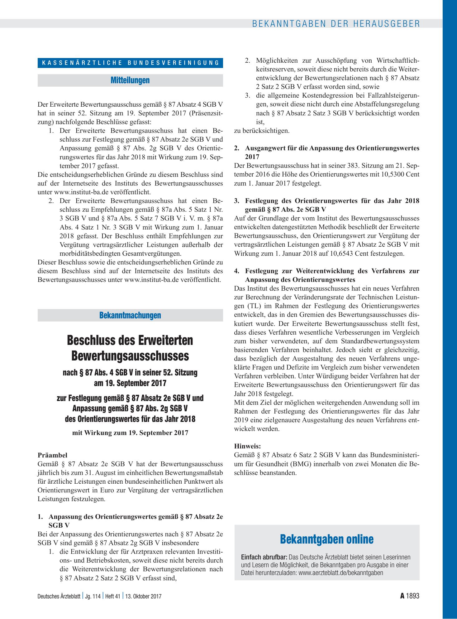 Vorschauseite 1: Bekanntgaben online – Deutsches Ärzteblatt