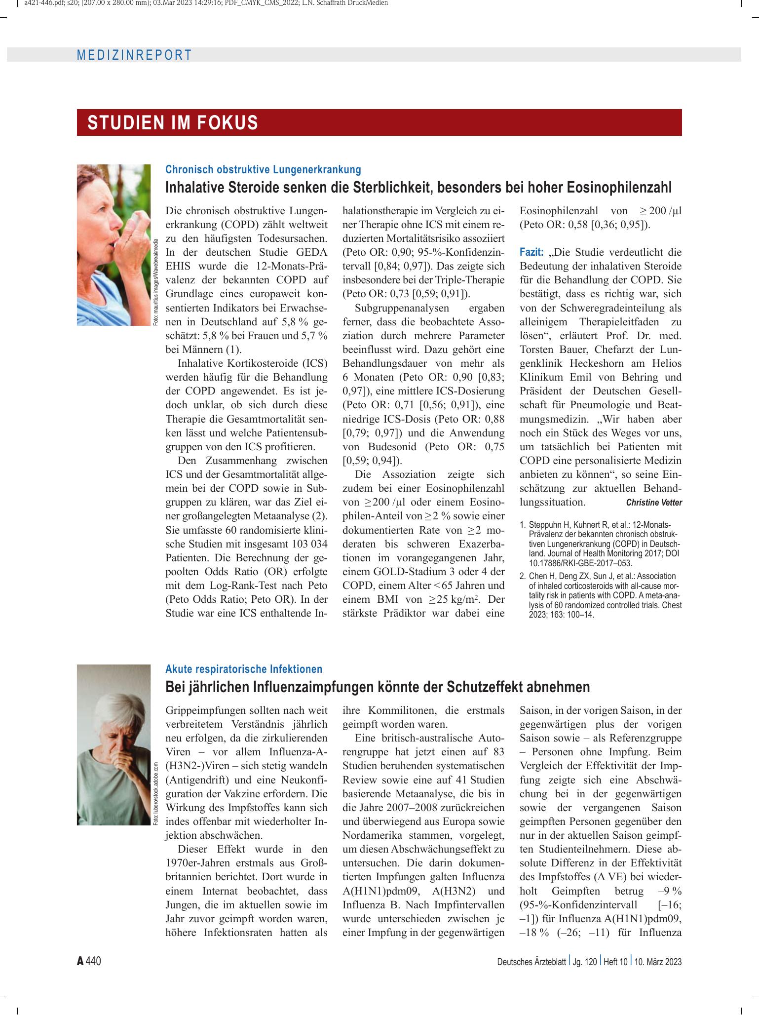Vorschauseite 1: Chronisch obstruktive Lungenerkrankung: Inhalative Steroide senken die Sterblichkeit, besonders bei hoher Eosinophilenzahl – Deutsches Ärzteblatt