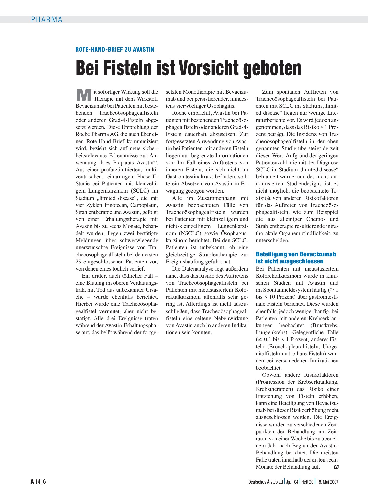 Vorschauseite 1: Rote-Hand-Brief zu Avastin: Bei Fisteln ist Vorsicht geboten – Deutsches Ärzteblatt