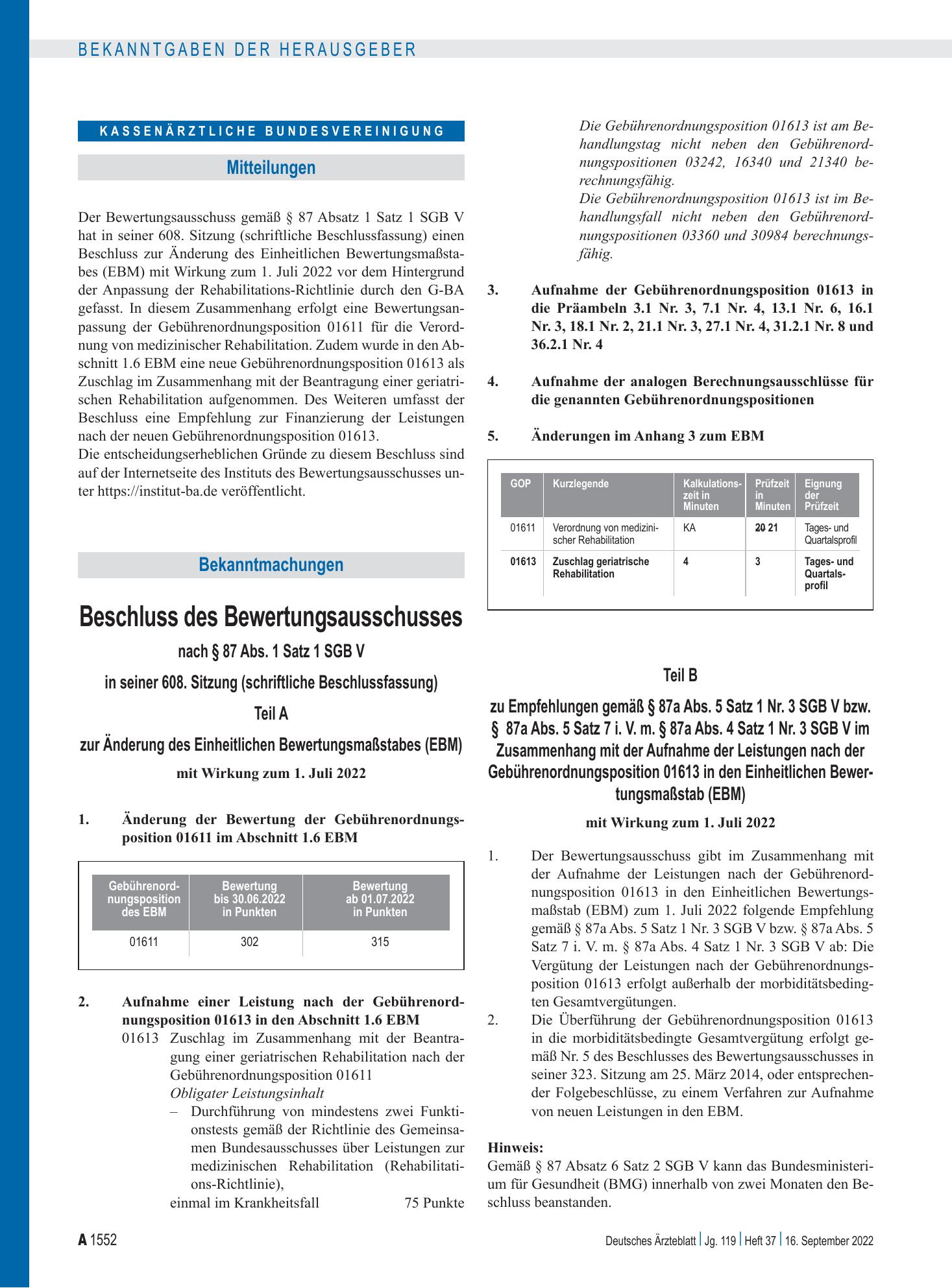 Vorschauseite 1: Beschluss des Bewertungsausschusses nach § 87 Abs. 1 Satz 1 SGB V in seiner 608. Sitzung (schriftliche Beschlussfassung) – Deutsches Ärzteblatt