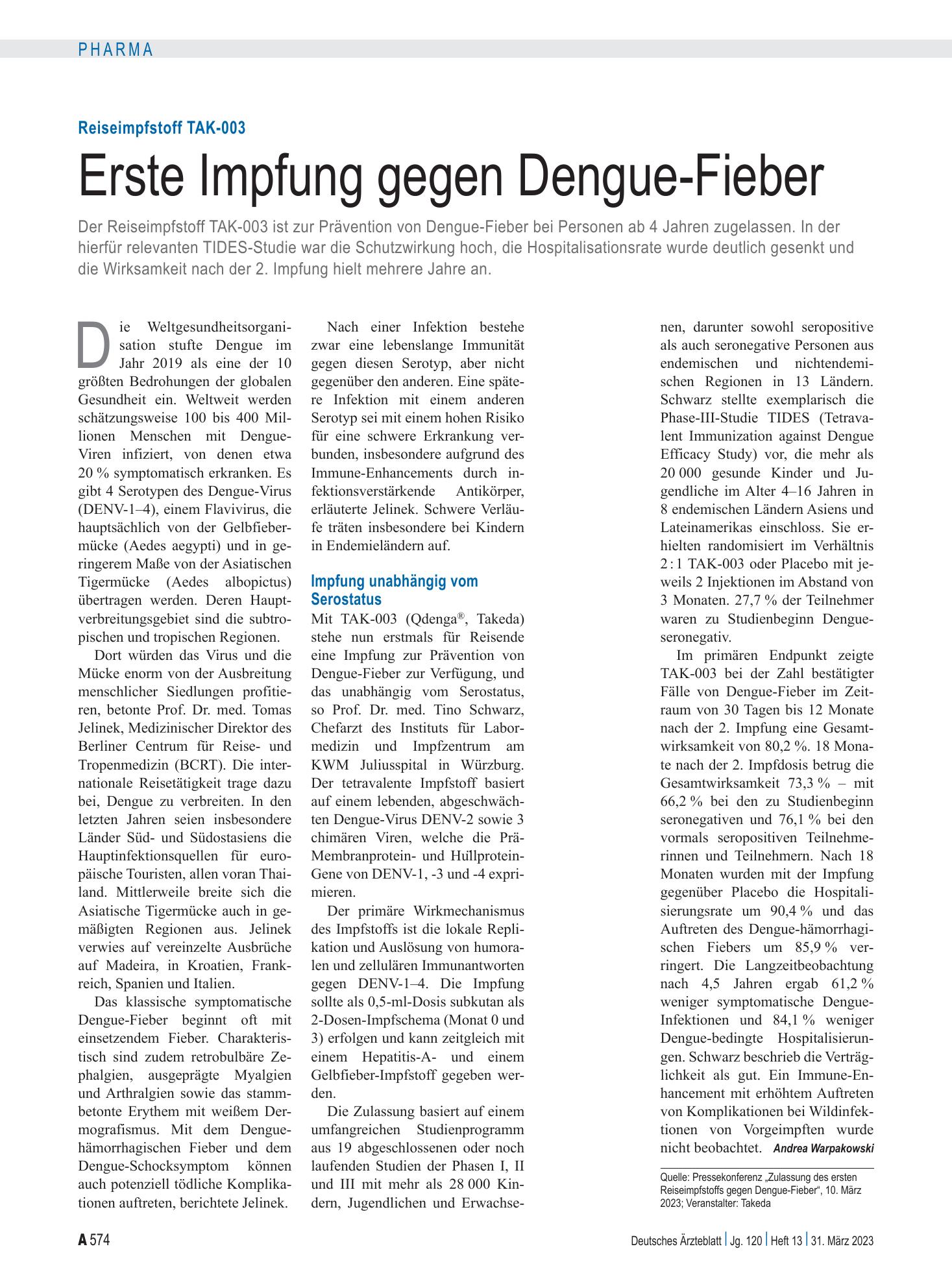 Vorschauseite 1: Reiseimpfstoff TAK-003: Erste Impfung gegen Dengue-Fieber – Deutsches Ärzteblatt
