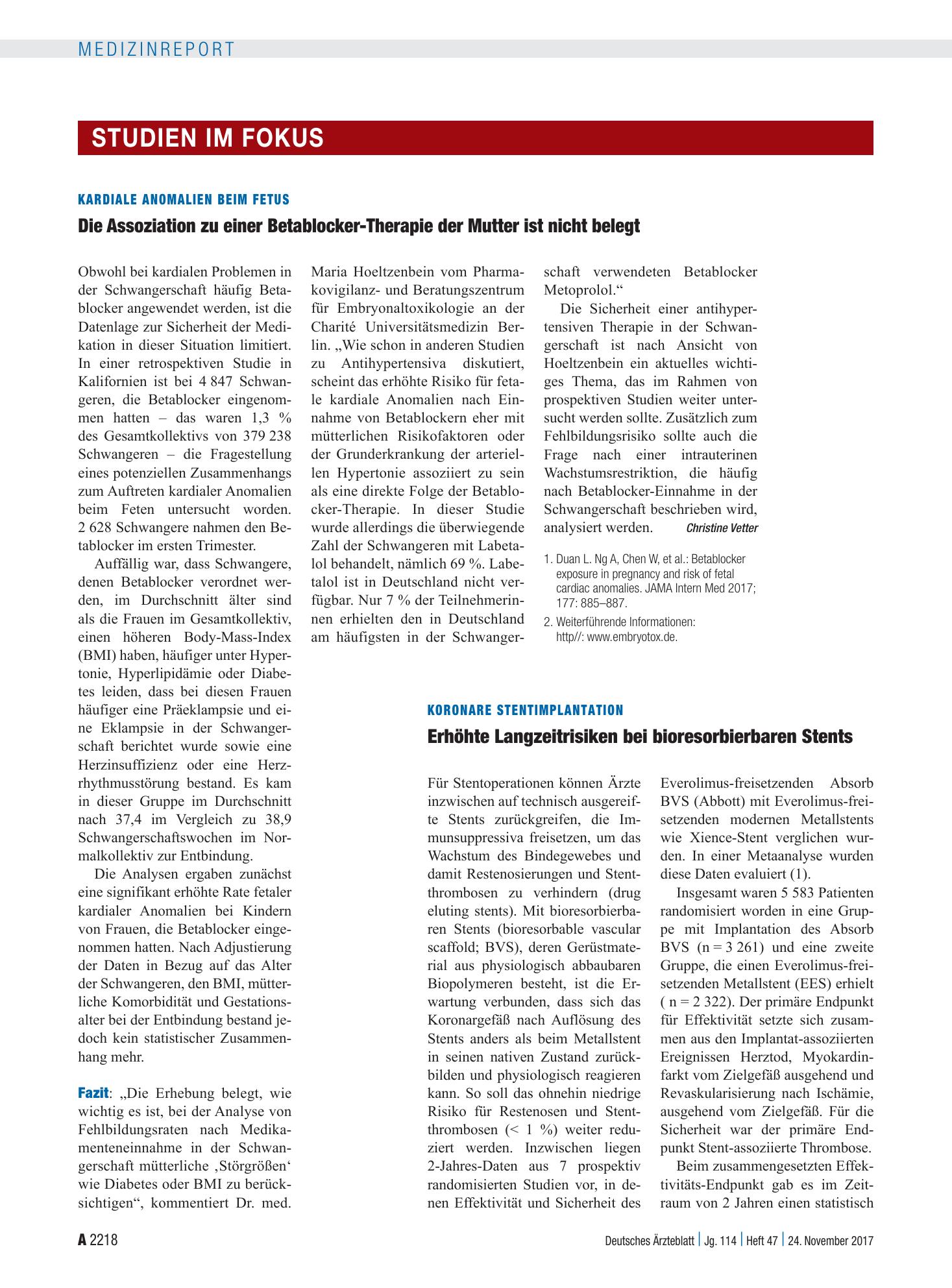 Vorschauseite 1: Kardiale Anomalien beim Fetus: Die Assoziation zu einer Betablocker-Therapie der Mutter ist nicht belegt – Deutsches Ärzteblatt