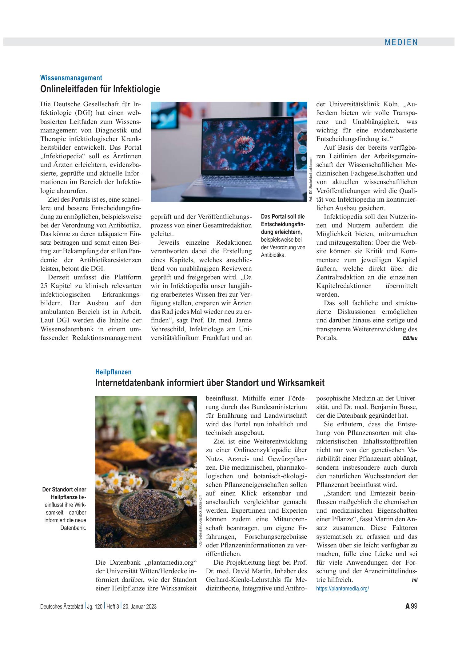 Vorschauseite 1: Wissensmanagement: Onlineleitfaden für Infektiologie – Deutsches Ärzteblatt