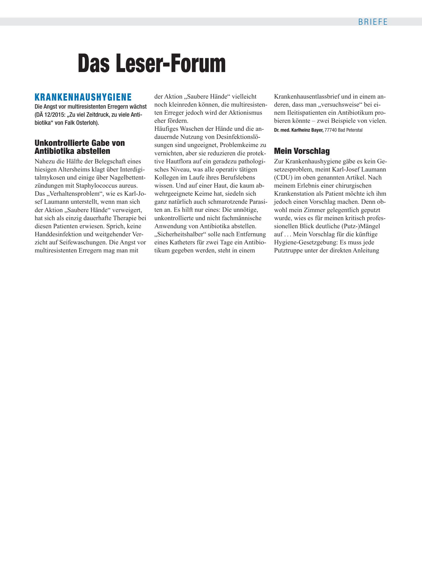 Vorschauseite 1: Krankenhaushygiene: Unkontrollierte Gabe von Antibiotika abstellen – Deutsches Ärzteblatt