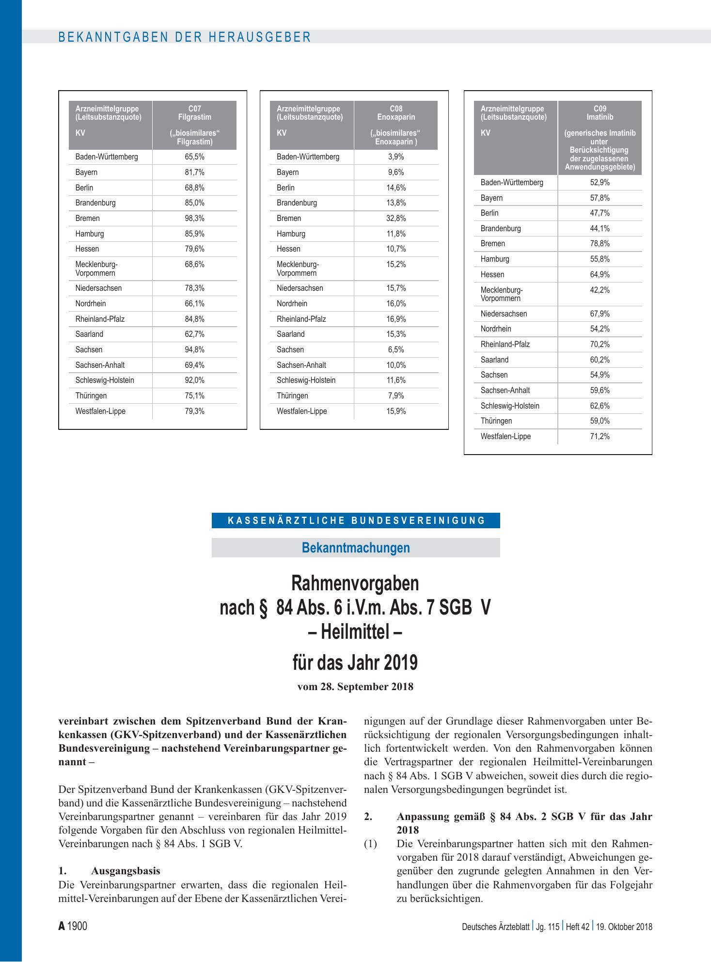 Vorschauseite 1: Rahmenvorgaben nach § 84 Abs. 6 i.V.m. Abs. 7 SGB V – Heilmittel – für das Jahr 2019 – Deutsches Ärzteblatt