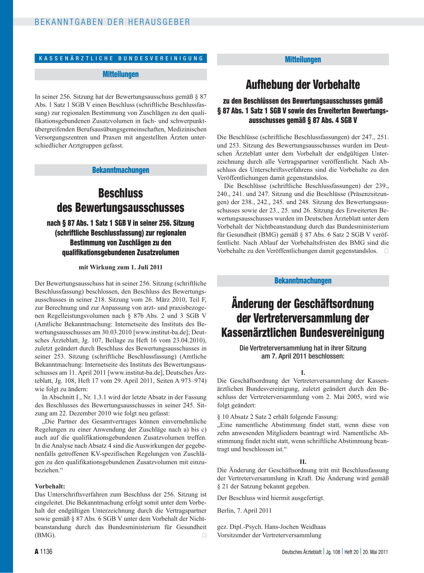 Vorschauseite 1: Aufhebung der Vorbehalte zu den Beschlüssen des Bewertungsausschusses gemäß § 87 Abs. 1 Satz 1 SGB V sowie des Erweiterten Bewertungsausschusses gemäß § 87 Abs. 4 SGB V – Deutsche…
