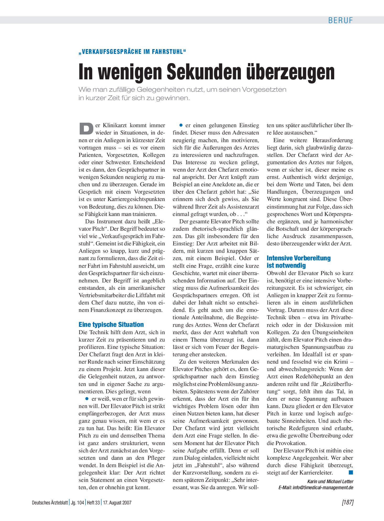 Vorschauseite 1: „Verkaufsgespräche im Fahrstuhl“: In wenigen Sekunden überzeugen – Deutsches Ärzteblatt