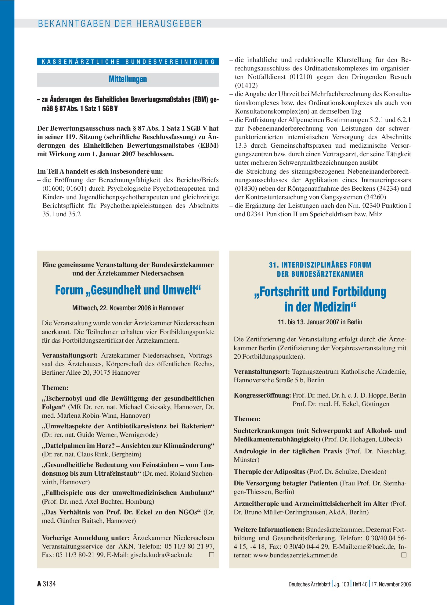 Vorschauseite 1: Mitteilungen – zu Änderungen des Einheitlichen Bewertungsmaßstabes (EBM) gemäß § 87 Abs. 1 Satz 1 SGB V – Deutsches Ärzteblatt