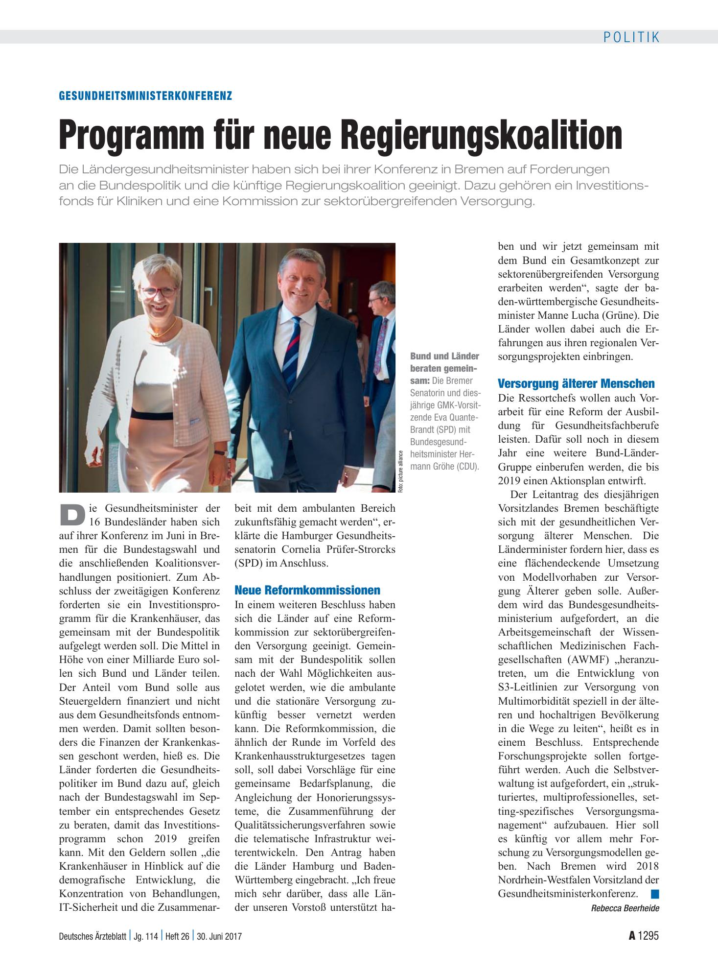 Vorschauseite 1: Gesundheitsministerkonferenz: Programm für neue Regierungskoalition – Deutsches Ärzteblatt