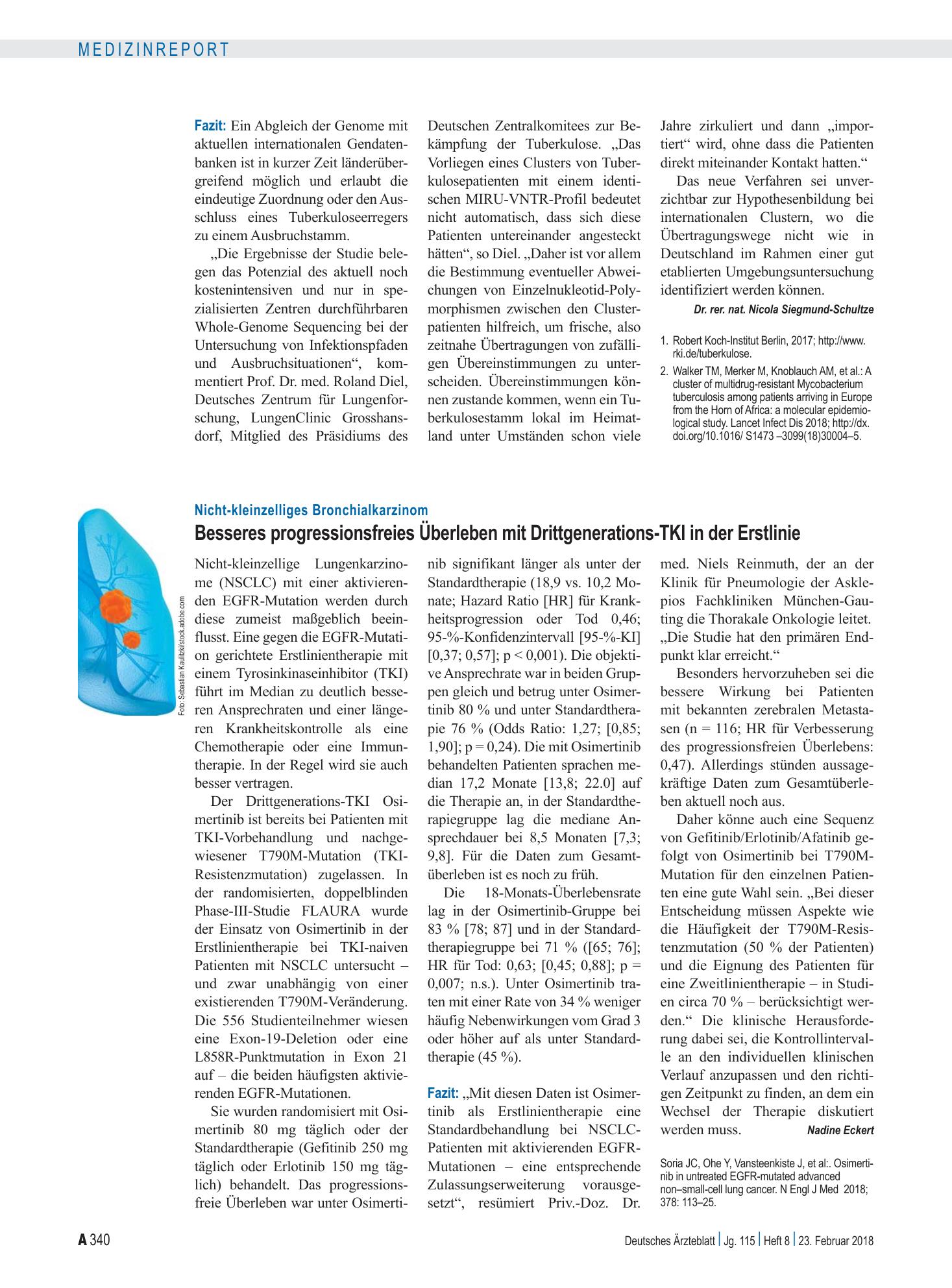 Vorschauseite 1: Nicht-kleinzelliges Bronchialkarzinom: Besseres progressionsfreies Überleben mit Drittgenerations-TKI in der Erstlinie – Deutsches Ärzteblatt