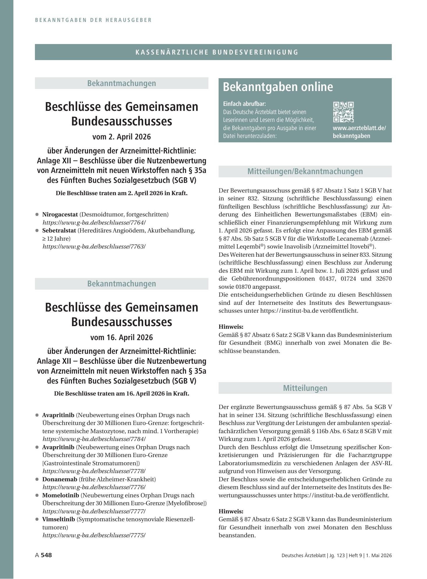 Vorschauseite 1: Mitteilungen – Deutsches Ärzteblatt