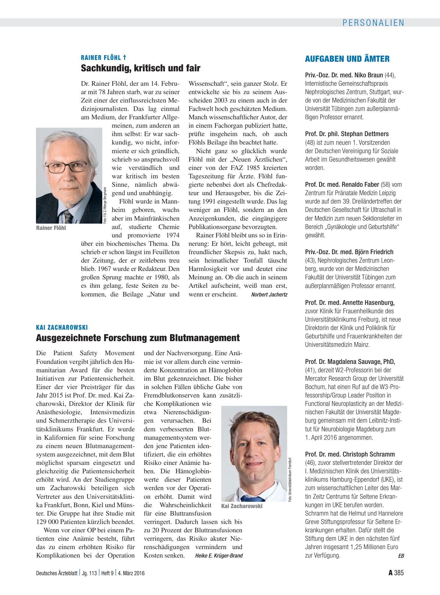 Vorschauseite 1: Rainer Flöhl †: Sachkundig, kritisch und fair – Deutsches Ärzteblatt