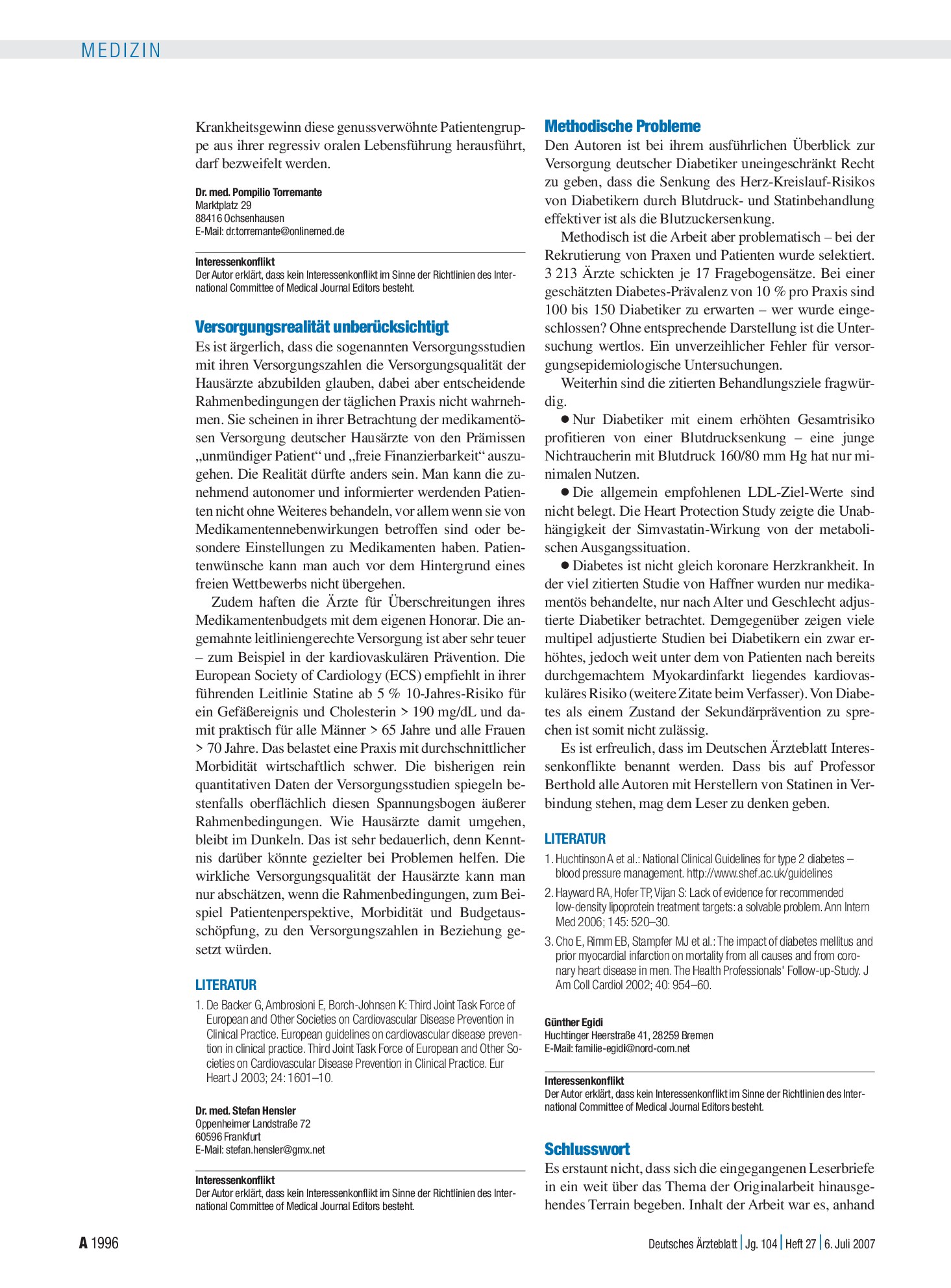 Vorschauseite 1: Kardiovaskuläre Risikofaktoren bei Typ-II-Diabetikern in Deutschland – ein Versorgungsparadox: Methodische Probleme – Deutsches Ärzteblatt