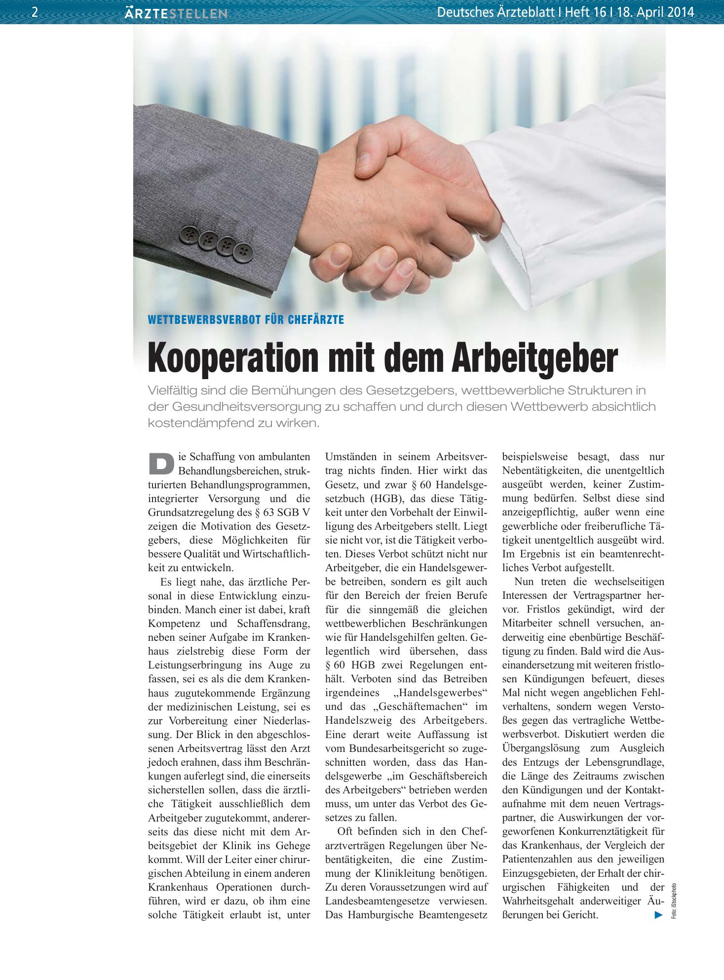 Vorschauseite 1: Wettbewerbsverbot für Chefärzte: Kooperation mit dem Arbeitgeber – Deutsches Ärzteblatt