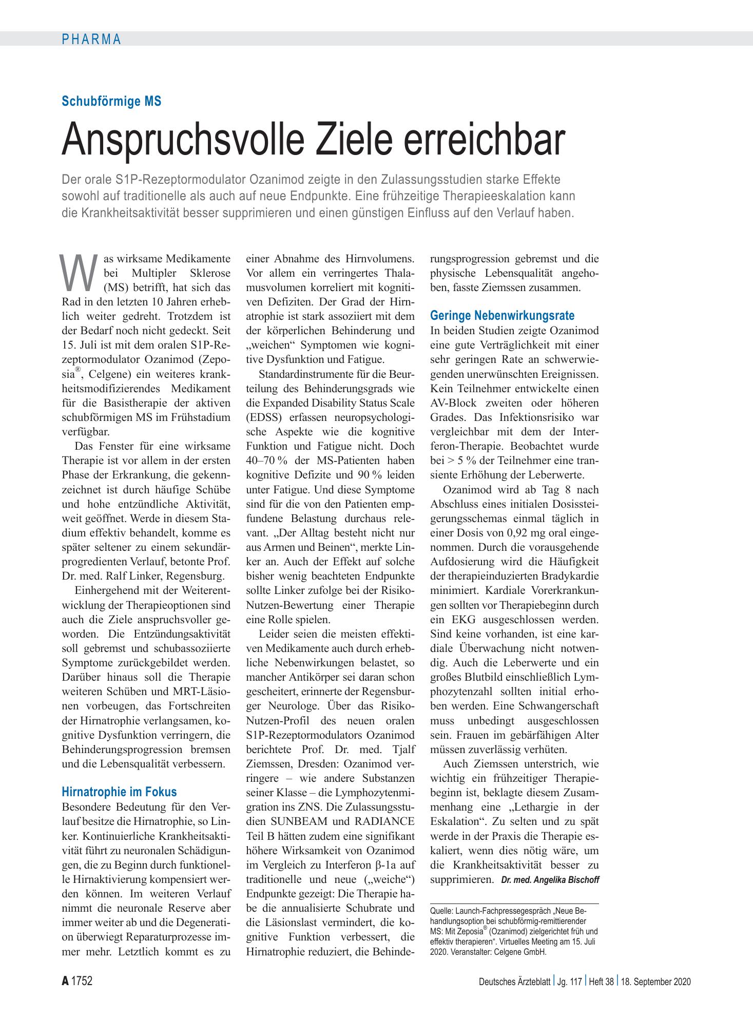 Vorschauseite 1: Schubförmige MS: Anspruchsvolle Ziele erreichbar – Deutsches Ärzteblatt