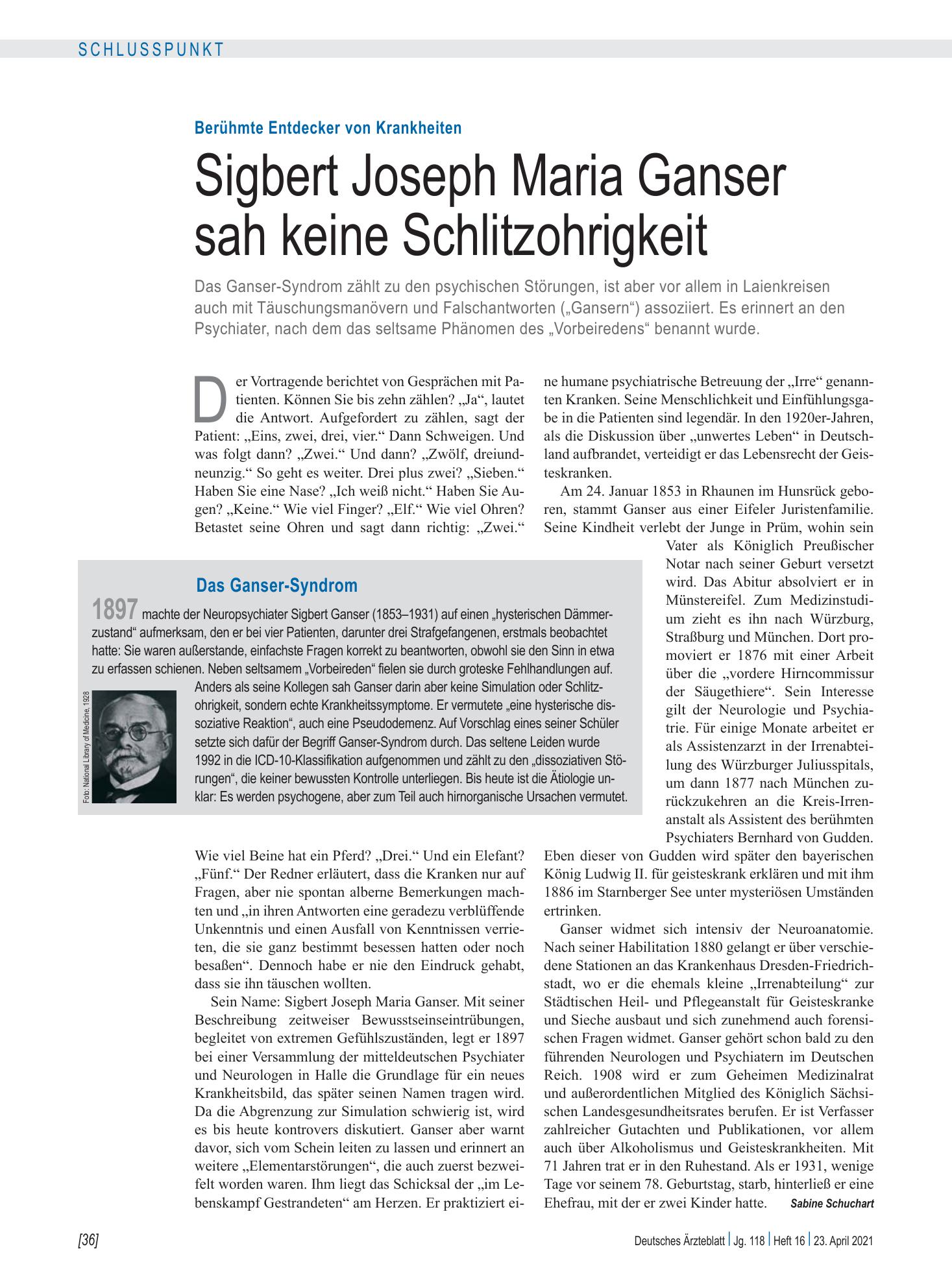 Vorschauseite 1: Berühmte Entdecker von Krankheiten: Sigbert Joseph Maria Ganser sah keine Schlitzohrigkeit – Deutsches Ärzteblatt