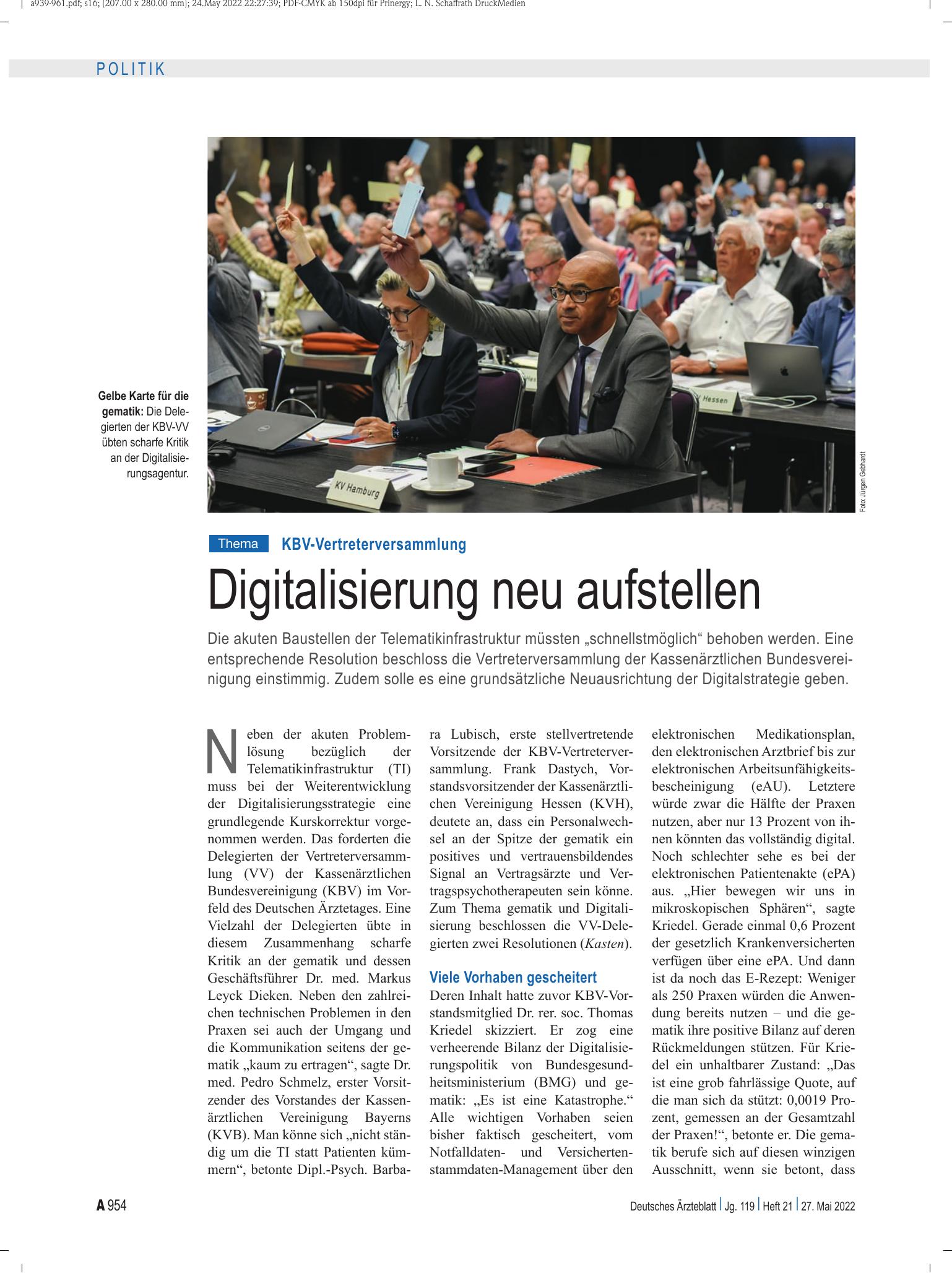 Vorschauseite 1: KBV-Vertreterversammlung: Digitalisierung neu aufstellen – Deutsches Ärzteblatt