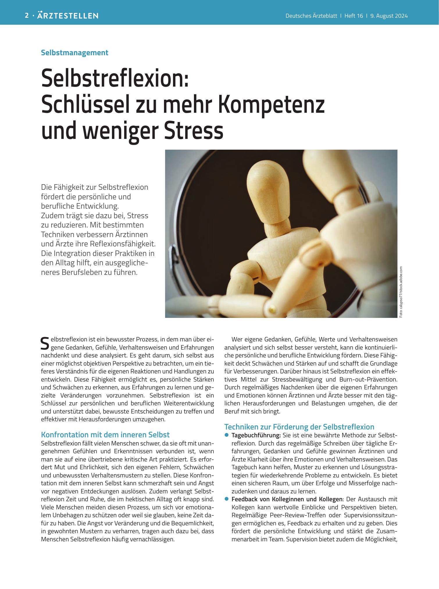 Vorschauseite 1: Selbstmanagement: Selbstreflexion – Schlüssel zu mehr Kompetenz und weniger Stress – Deutsches Ärzteblatt