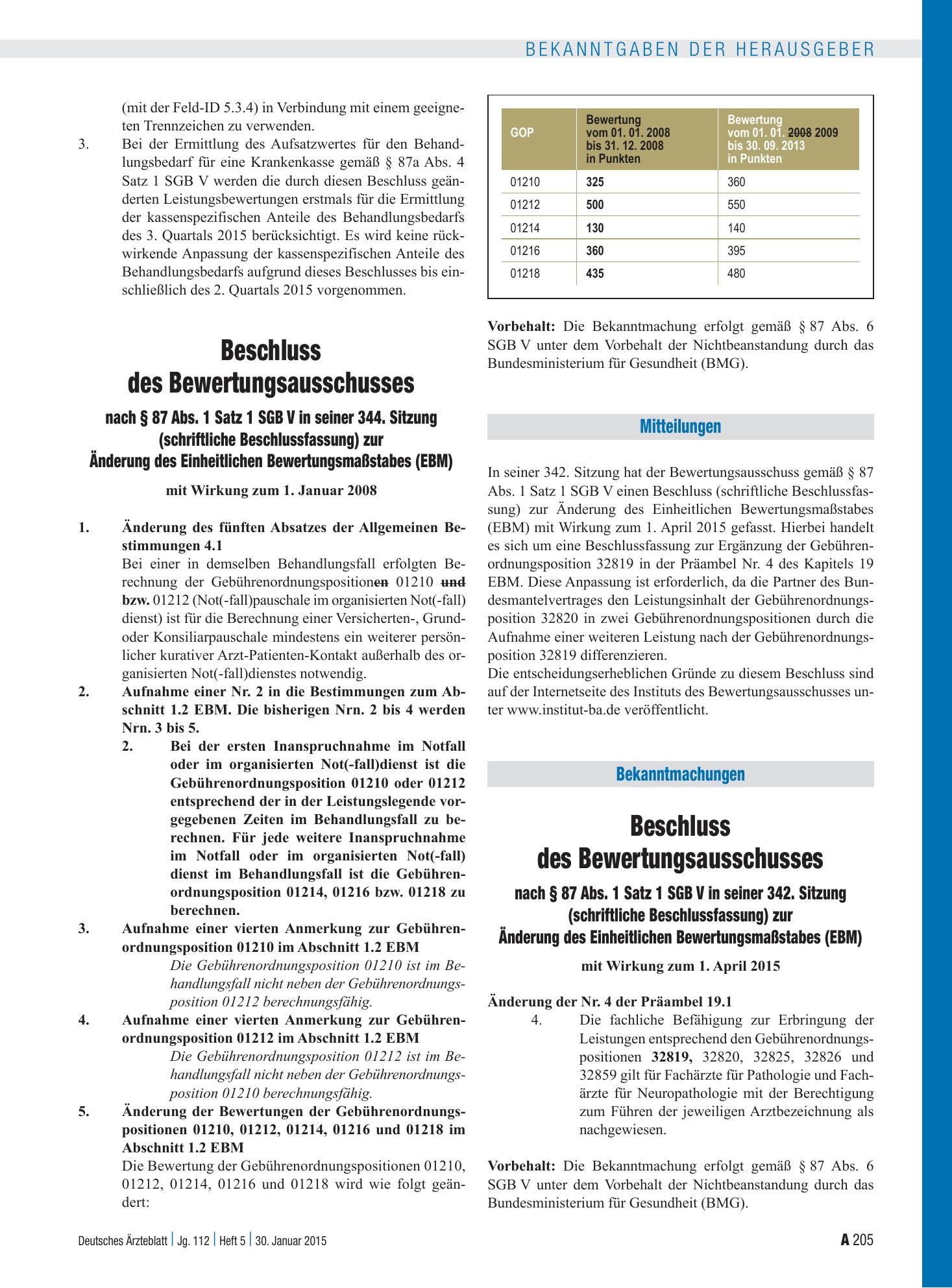 Vorschauseite 1: Beschluss des Bewertungsausschusses nach § 87 Abs. 1 Satz 1 SGB V in seiner 342. Sitzung (schriftliche Beschlussfassung) zur Änderung des Einheitlichen Bewertungsmaßstabes (EBM) –…