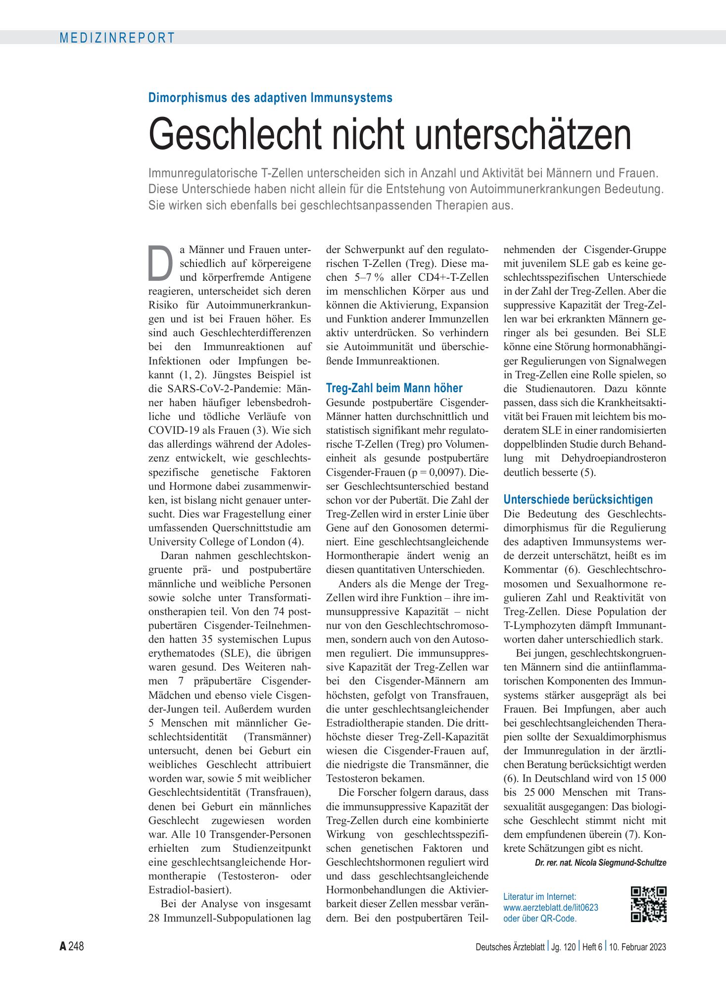 Vorschauseite 1: Dimorphismus des adaptiven Immunsystems: Geschlecht nicht unterschätzen – Deutsches Ärzteblatt