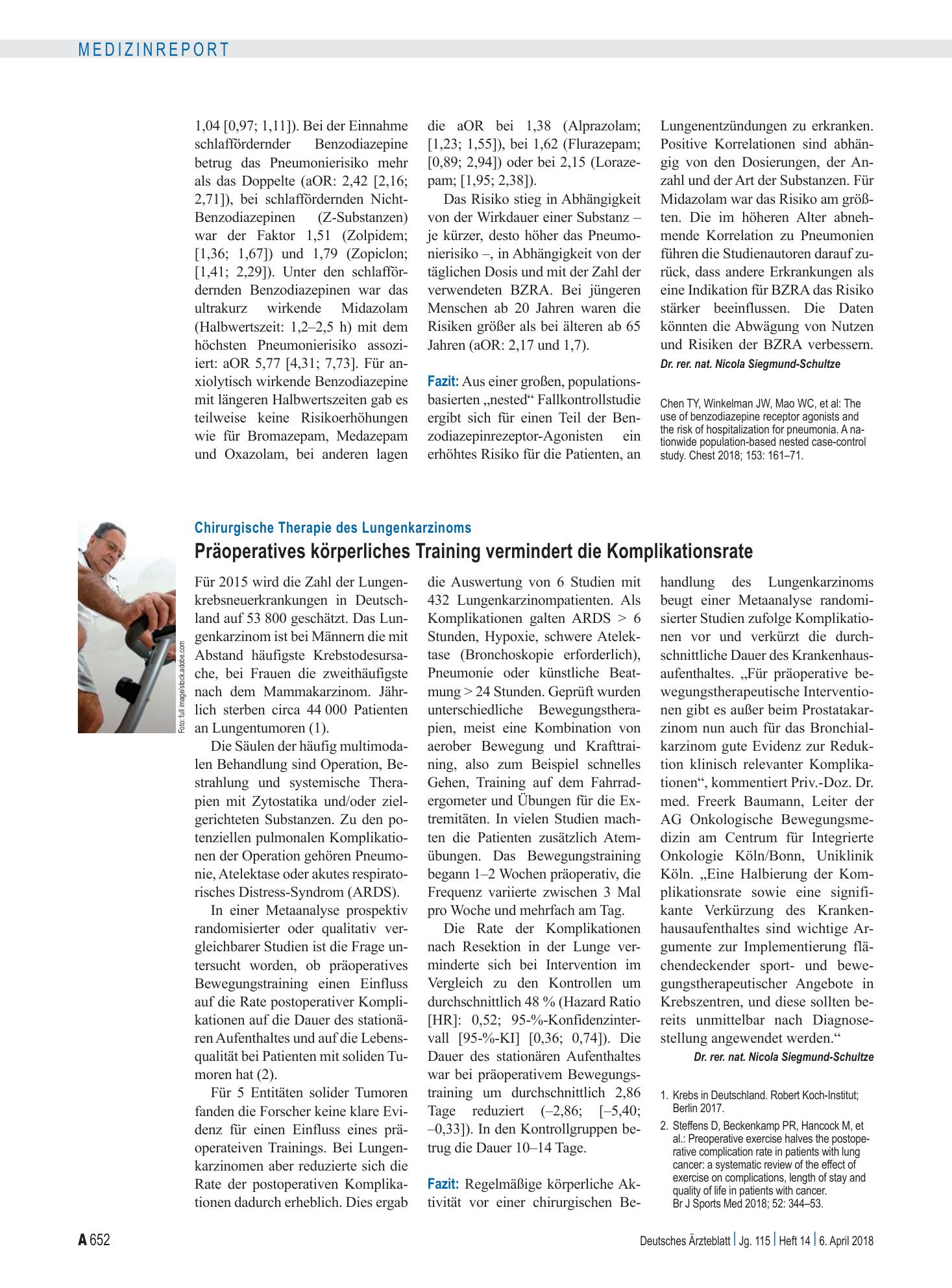 Vorschauseite 1: Chirurgische Therapie des Lungenkarzinoms: Präoperatives körperliches Training vermindert die Komplikationsrate – Deutsches Ärzteblatt